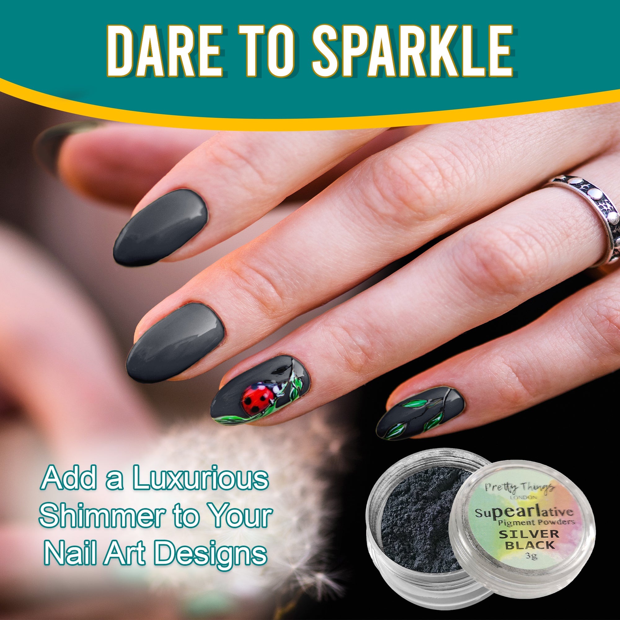 Model with luxurious nail art featuring a ladybug design, enhanced by Silver Black pigment powder, highlighting its use in adding shimmer to nail designs.