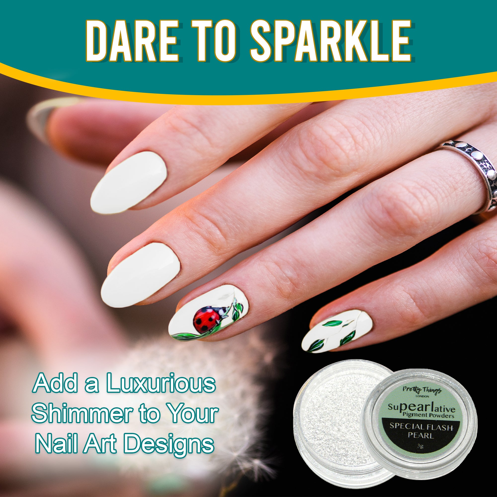 Model with luxurious nail art featuring a ladybug design, enhanced by Special Flash Pearl pigment powder, highlighting its use in adding shimmer to nail designs.