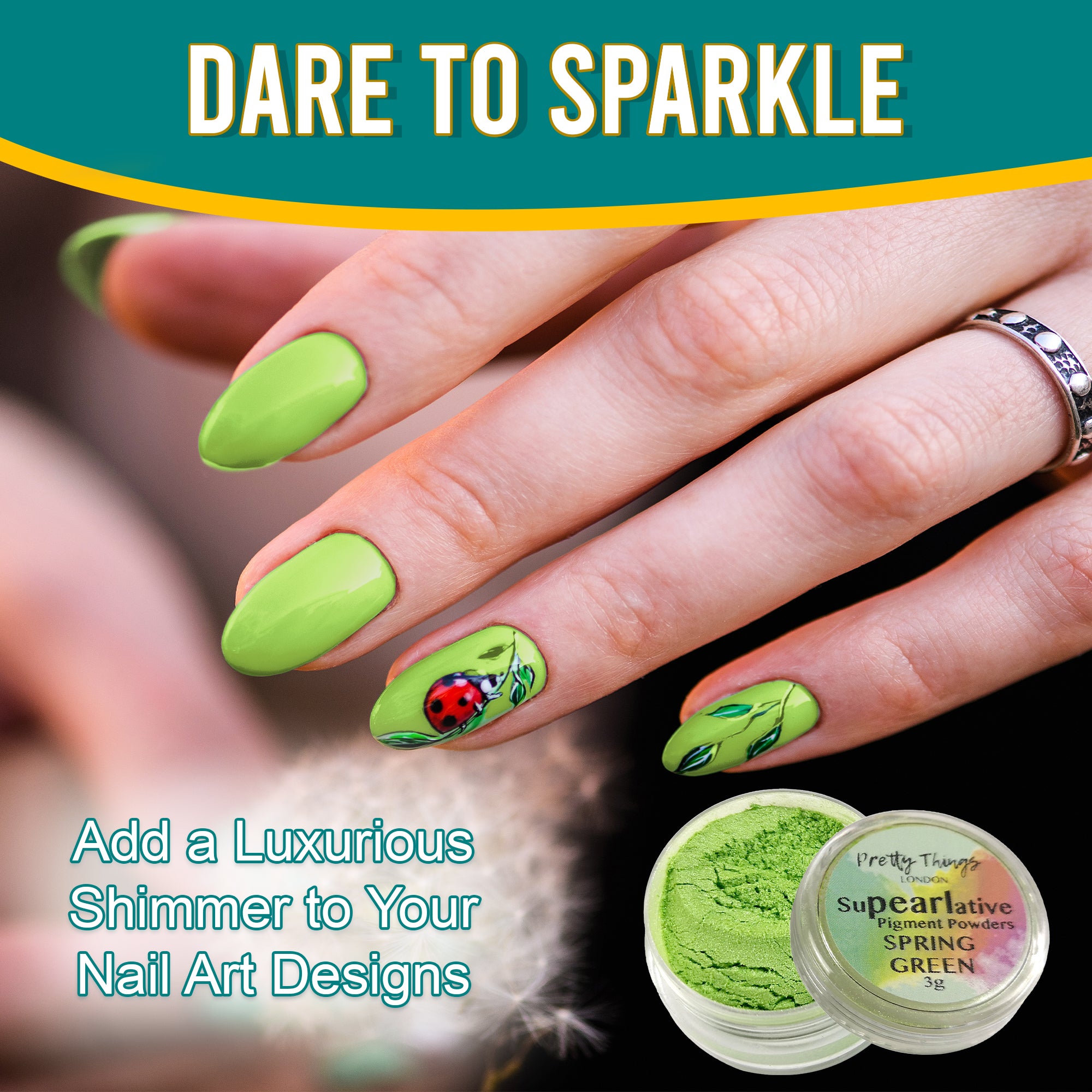 Model with luxurious nail art featuring a ladybug design, enhanced by Spring Green pigment powder, highlighting its use in adding shimmer to nail designs.