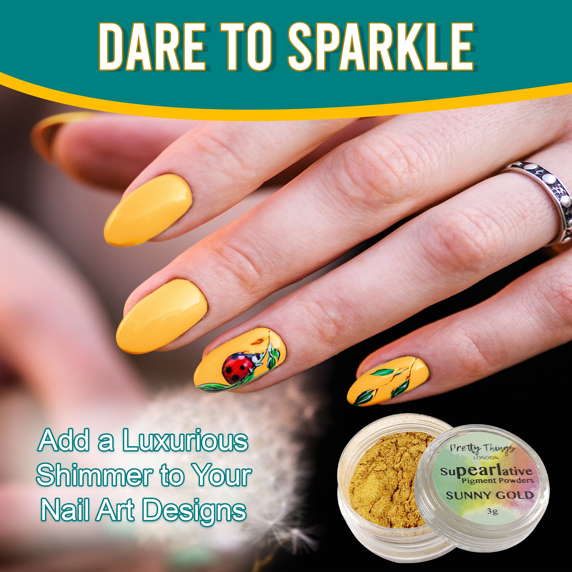 Model with luxurious nail art featuring a ladybug design, enhanced by Sunny Gold pigment powder, highlighting its use in adding shimmer to nail designs.