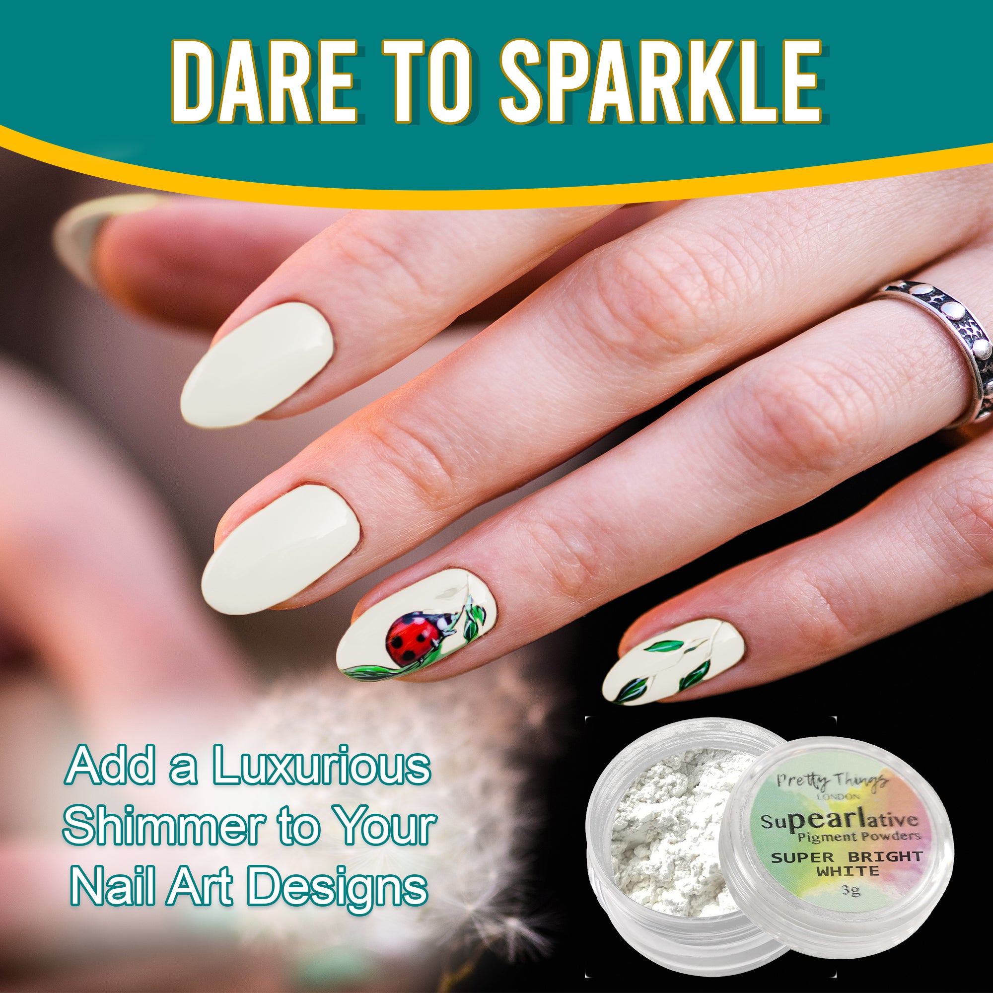 Model with luxurious nail art featuring a ladybug design, enhanced by Super Bright White pigment powder, highlighting its use in adding shimmer to nail designs.