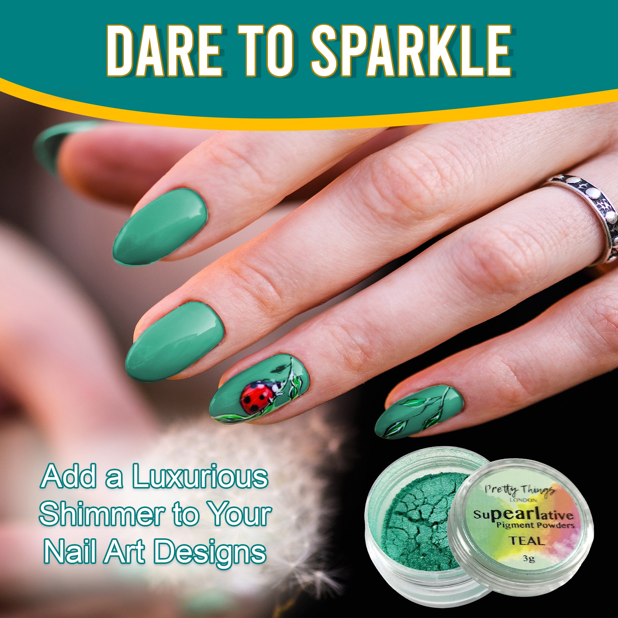 Model with luxurious nail art featuring a ladybug design, enhanced by Teal pigment powder, highlighting its use in adding shimmer to nail designs.