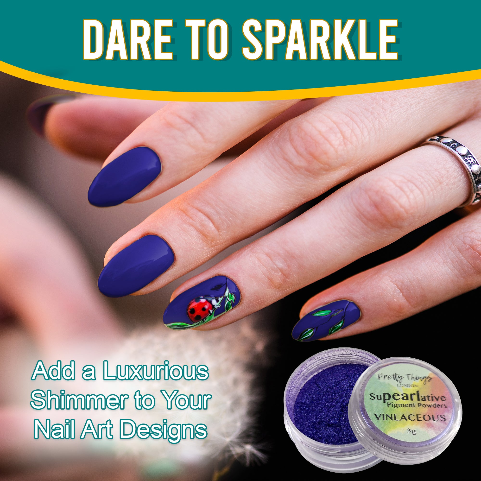 Model with luxurious nail art featuring a ladybug design, enhanced by Vinlaceous pigment powder, highlighting its use in adding shimmer to nail designs.