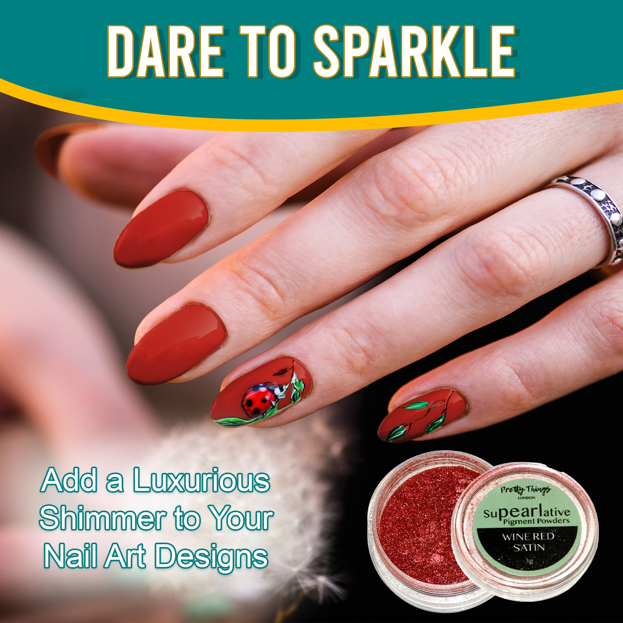 Model with luxurious nail art featuring a ladybug design, enhanced by Wine Red Satin pigment powder, highlighting its use in adding shimmer to nail designs.