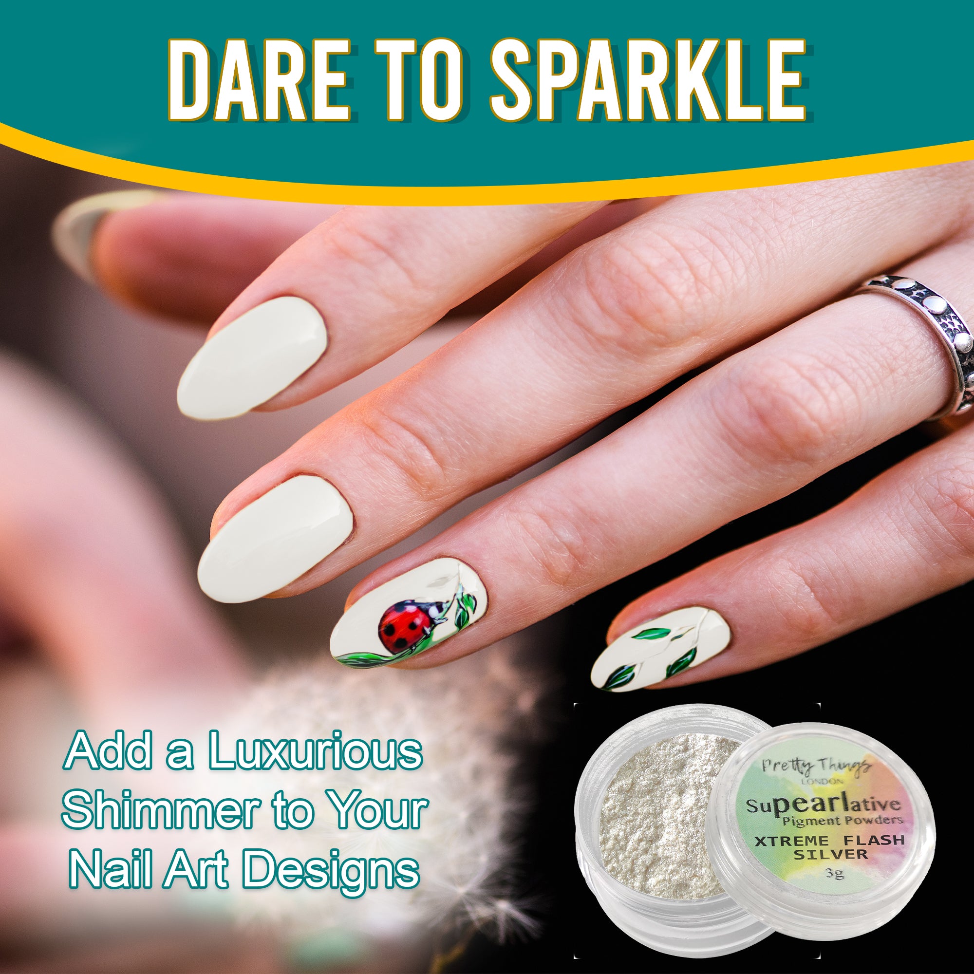 Model with luxurious nail art featuring a ladybug design, enhanced by Xtreme Flash Silver pigment powder, highlighting its use in adding shimmer to nail designs.