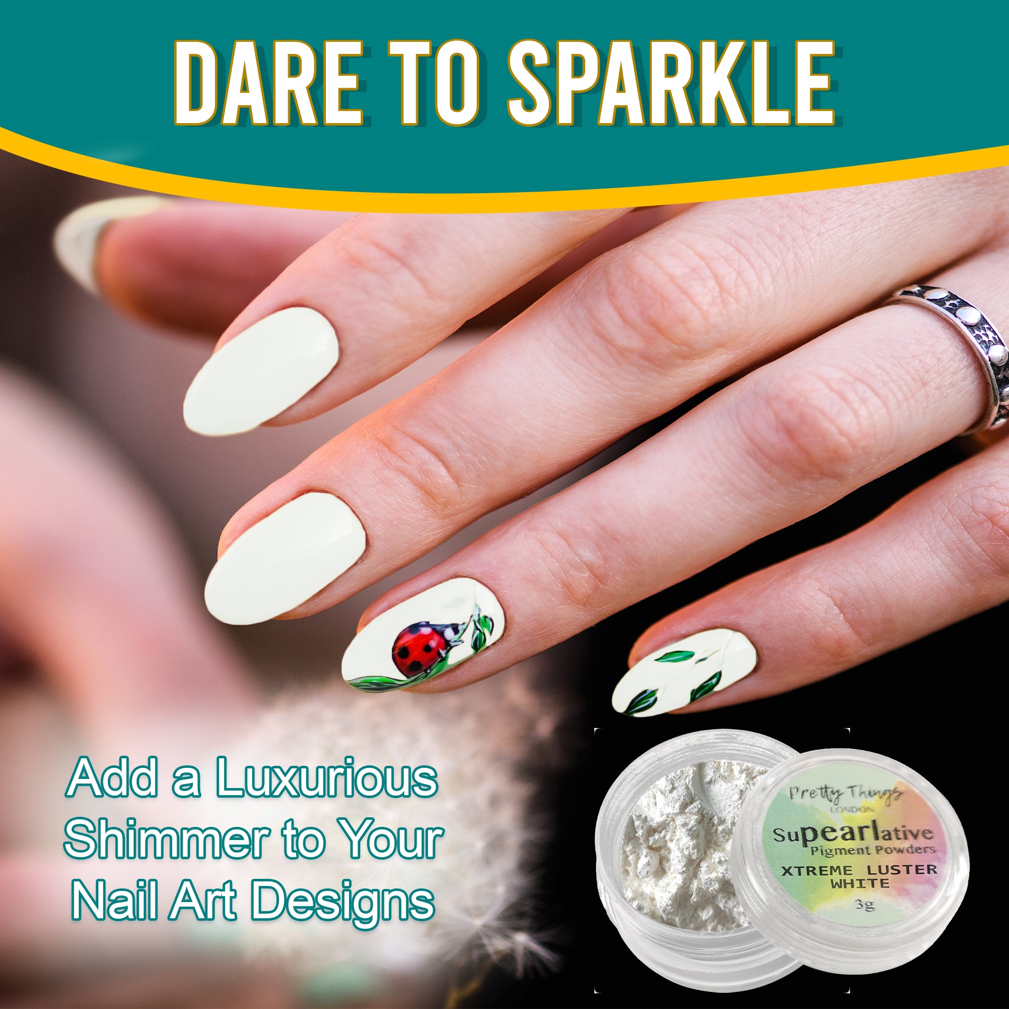 Model with luxurious nail art featuring a ladybug design, enhanced by Xtreme Luster White pigment powder, highlighting its use in adding shimmer to nail designs.