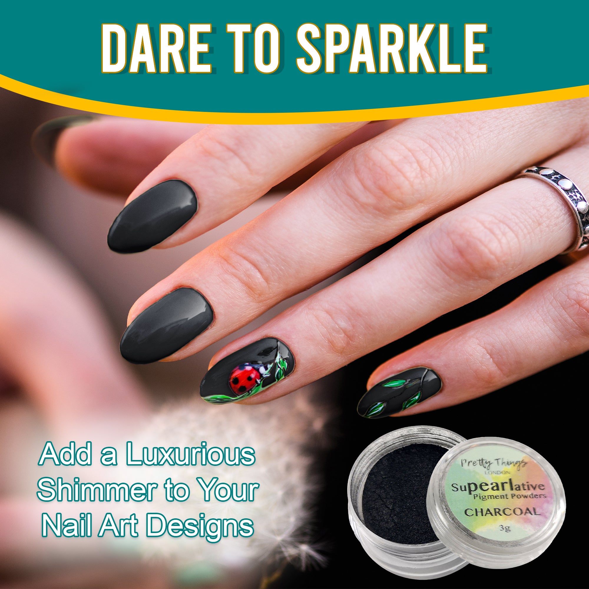 Model with luxurious nail art featuring a ladybug design, enhanced by Charcoal pigment powder, highlighting its use in adding shimmer to nail designs.