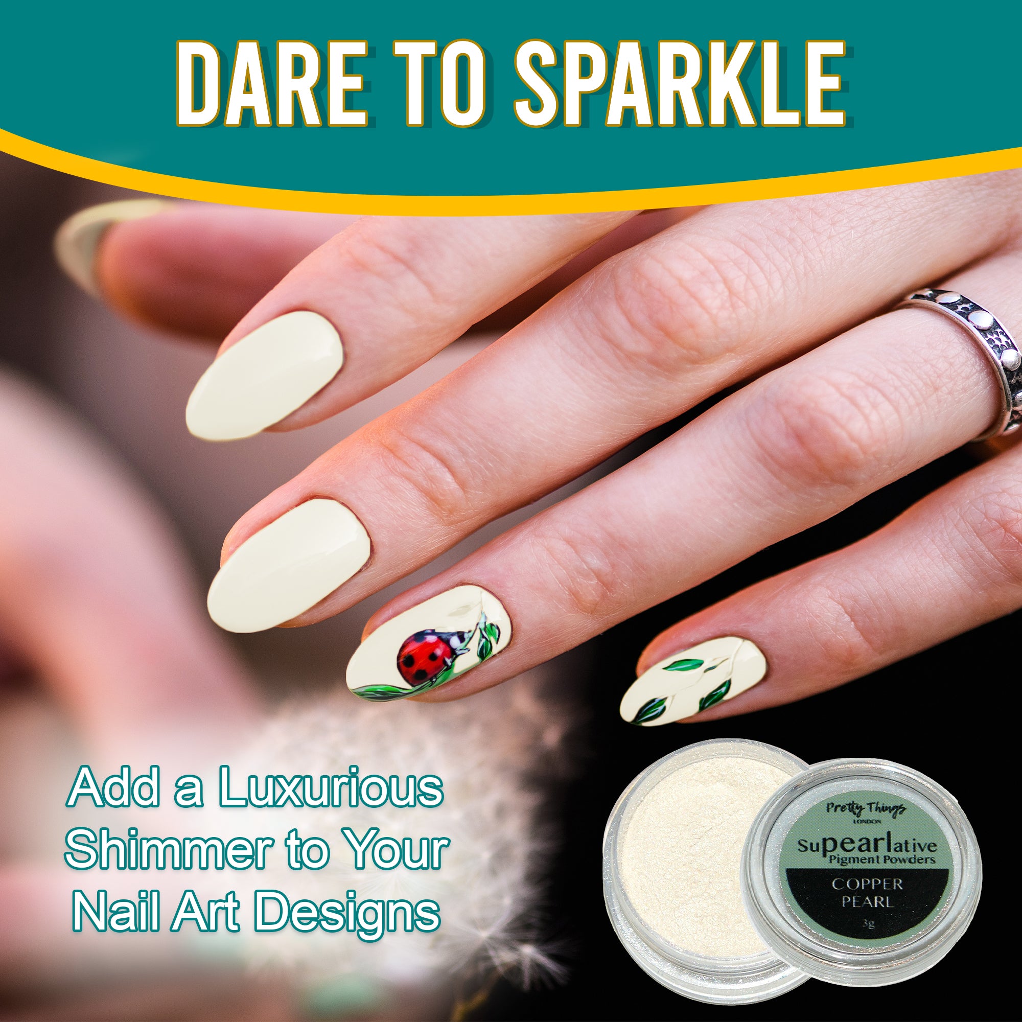 Model with luxurious nail art featuring a ladybug design, enhanced by Copper Pearl pigment powder, highlighting its use in adding shimmer to nail designs.