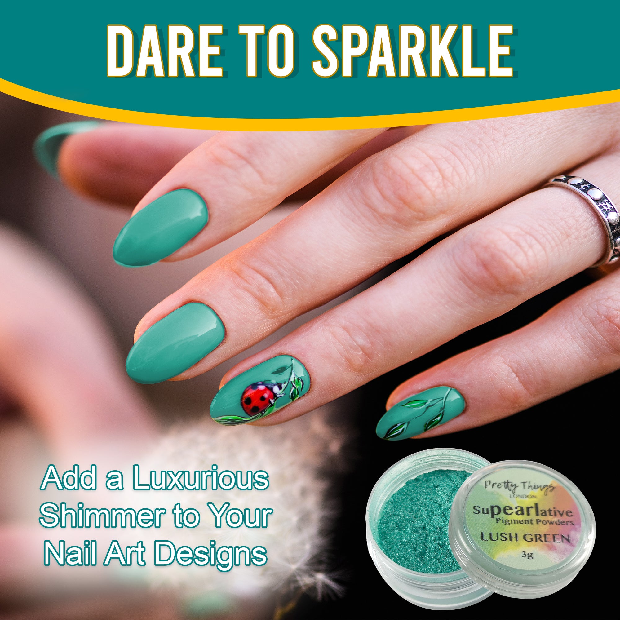 Model with luxurious nail art featuring a ladybug design, enhanced by Lush Green pigment powder, highlighting its use in adding shimmer to nail designs.