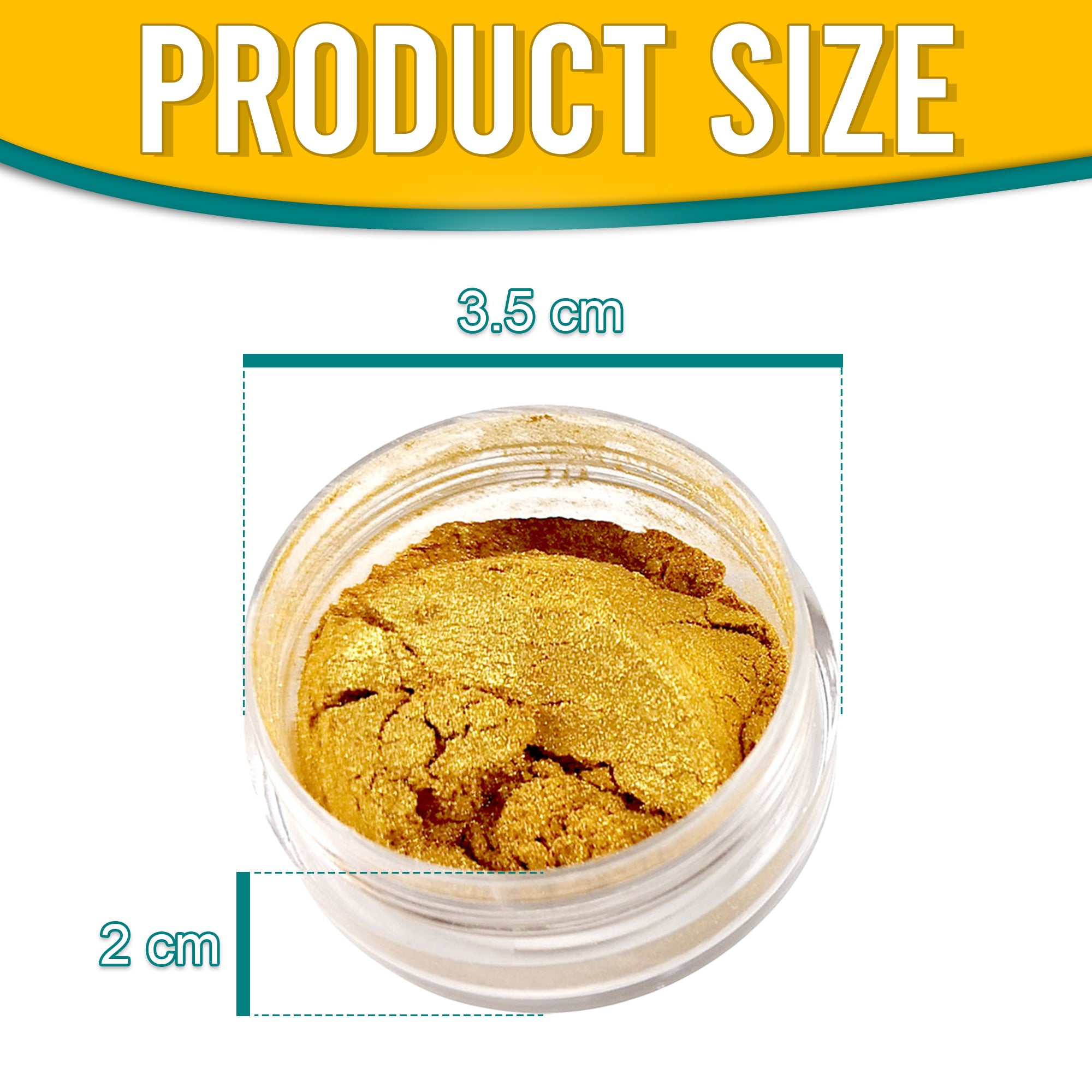 Product dimensions of Pretty Things London Aztec Gold pigment powder, showing the container's size: 3.5 cm in diameter and 2 cm in height, with vibrant gold pigment inside.