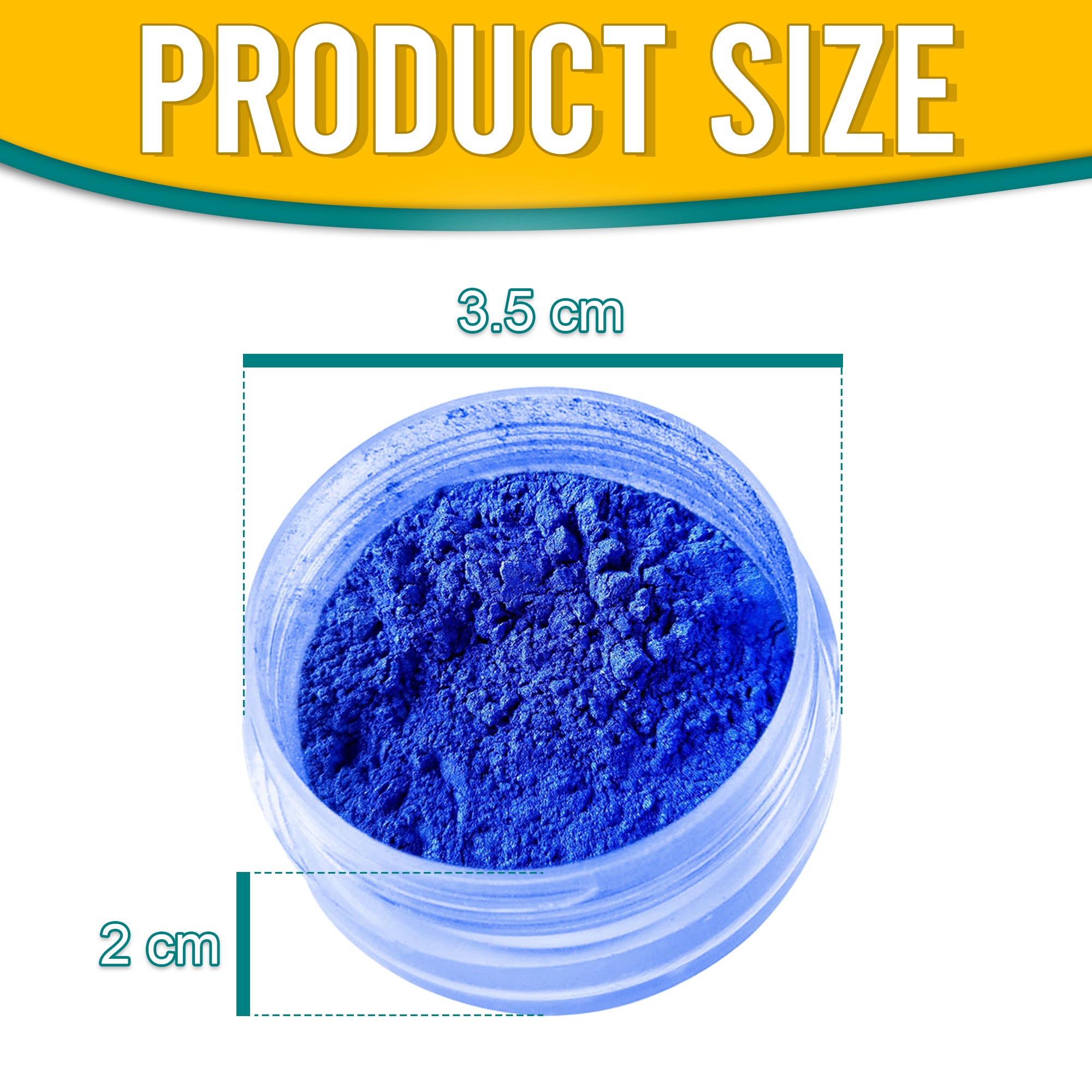 Product dimensions of Pretty Things London Dark Magic Blue pigment powder, showing the container's size: 3.5 cm in diameter and 2 cm in height, with vibrant gold pigment inside.