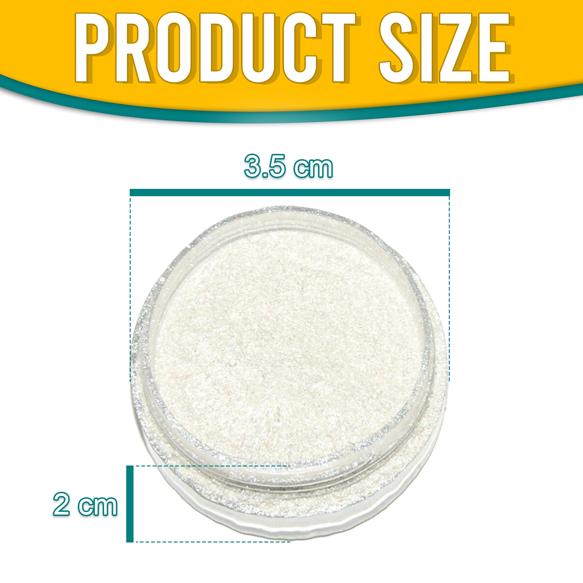 Product dimensions of Pretty Things London Flashing Silver pigment powder, showing the container's size: 3.5 cm in diameter and 2 cm in height, with vibrant gold pigment inside.