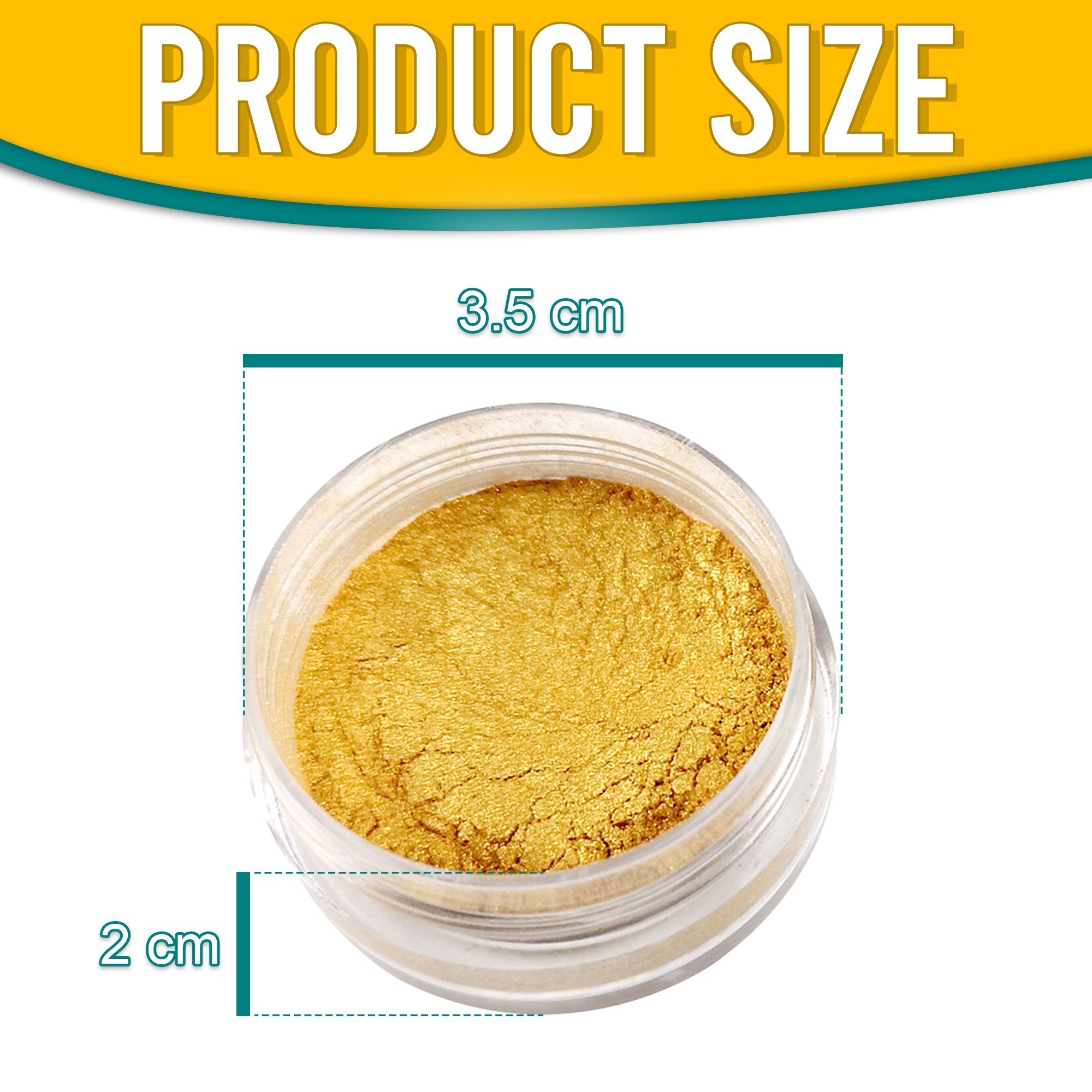 Product dimensions of Pretty Things London Gold Shimmer pigment powder, showing the container's size: 3.5 cm in diameter and 2 cm in height, with vibrant gold pigment inside.