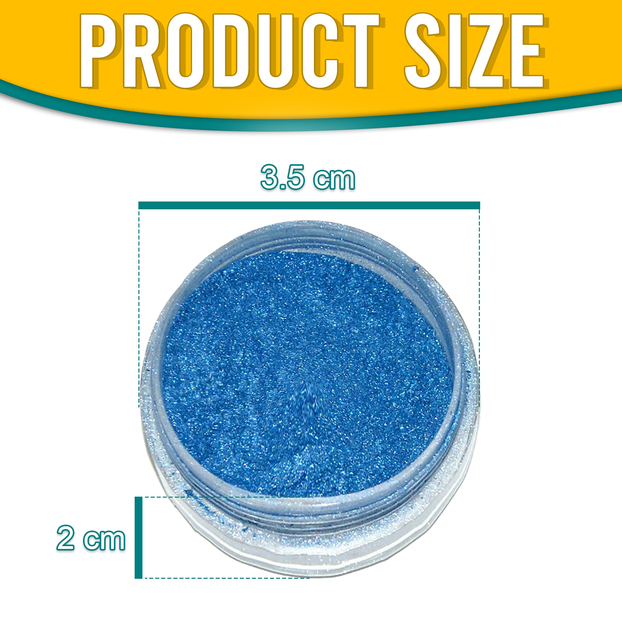 Product dimensions of Pretty Things London Magic Blue pigment powder, showing the container's size: 3.5 cm in diameter and 2 cm in height, with vibrant gold pigment inside.