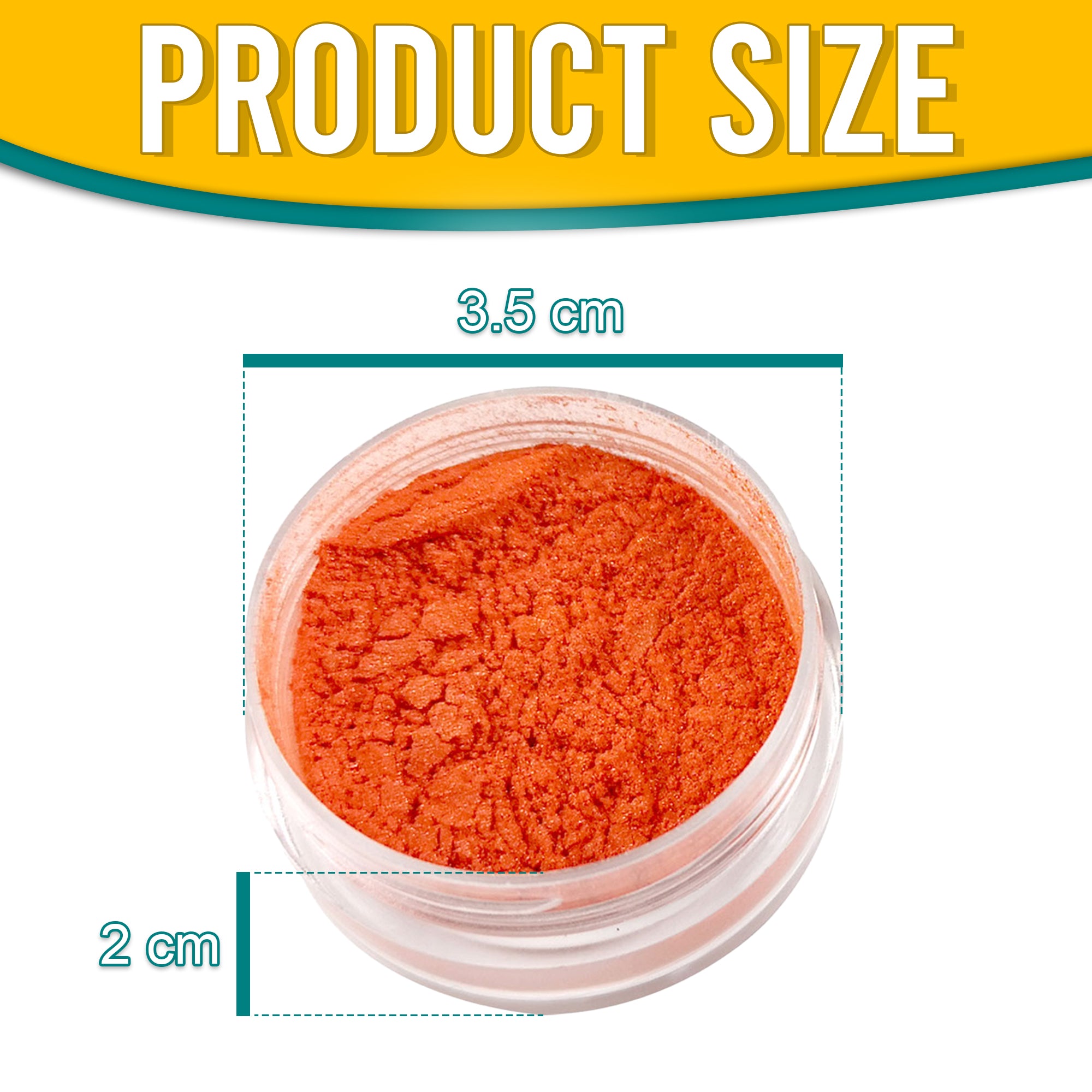 Product dimensions of Pretty Things London Orange pigment powder, showing the container's size: 3.5 cm in diameter and 2 cm in height, with vibrant gold pigment inside.