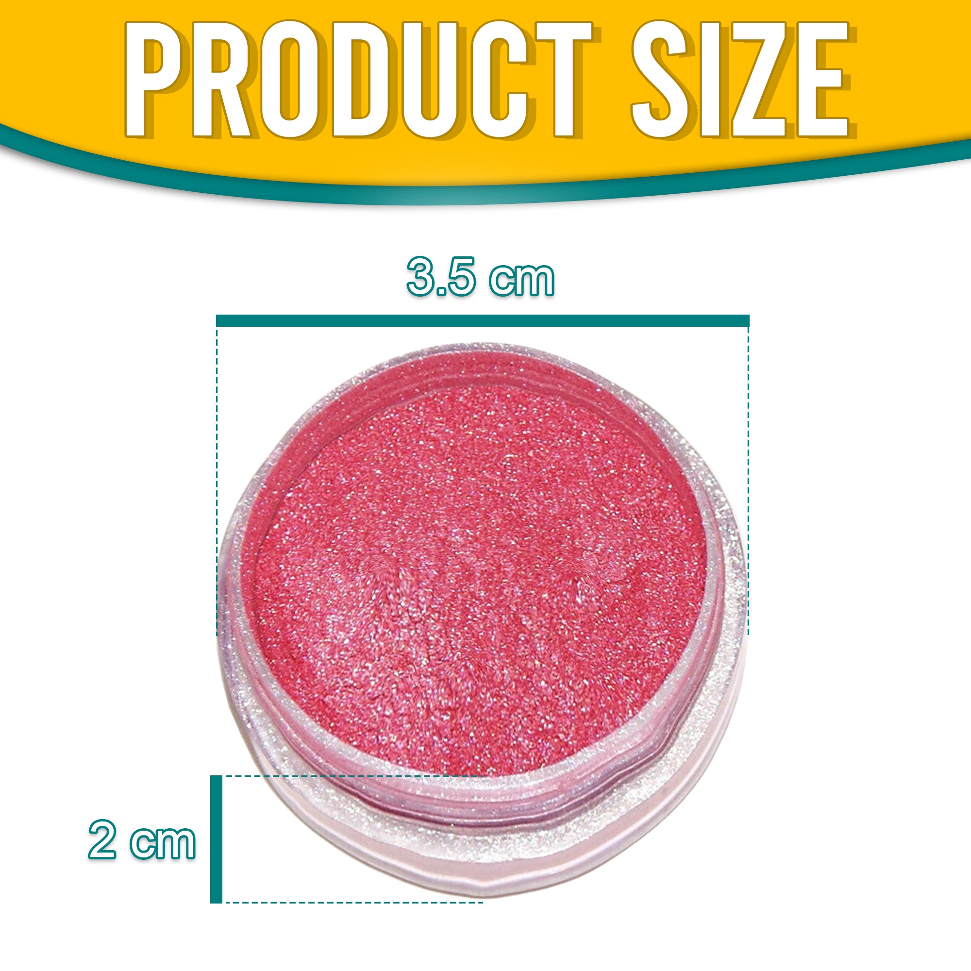 Product dimensions of Pretty Things London Peachblow pigment powder, showing the container's size: 3.5 cm in diameter and 2 cm in height, with vibrant gold pigment inside.