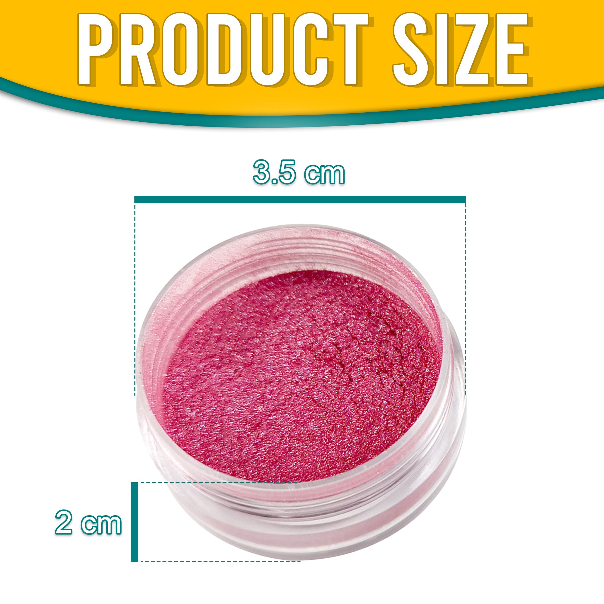 Product dimensions of Pretty Things London Pink Frosting pigment powder, showing the container's size: 3.5 cm in diameter and 2 cm in height, with vibrant gold pigment inside.