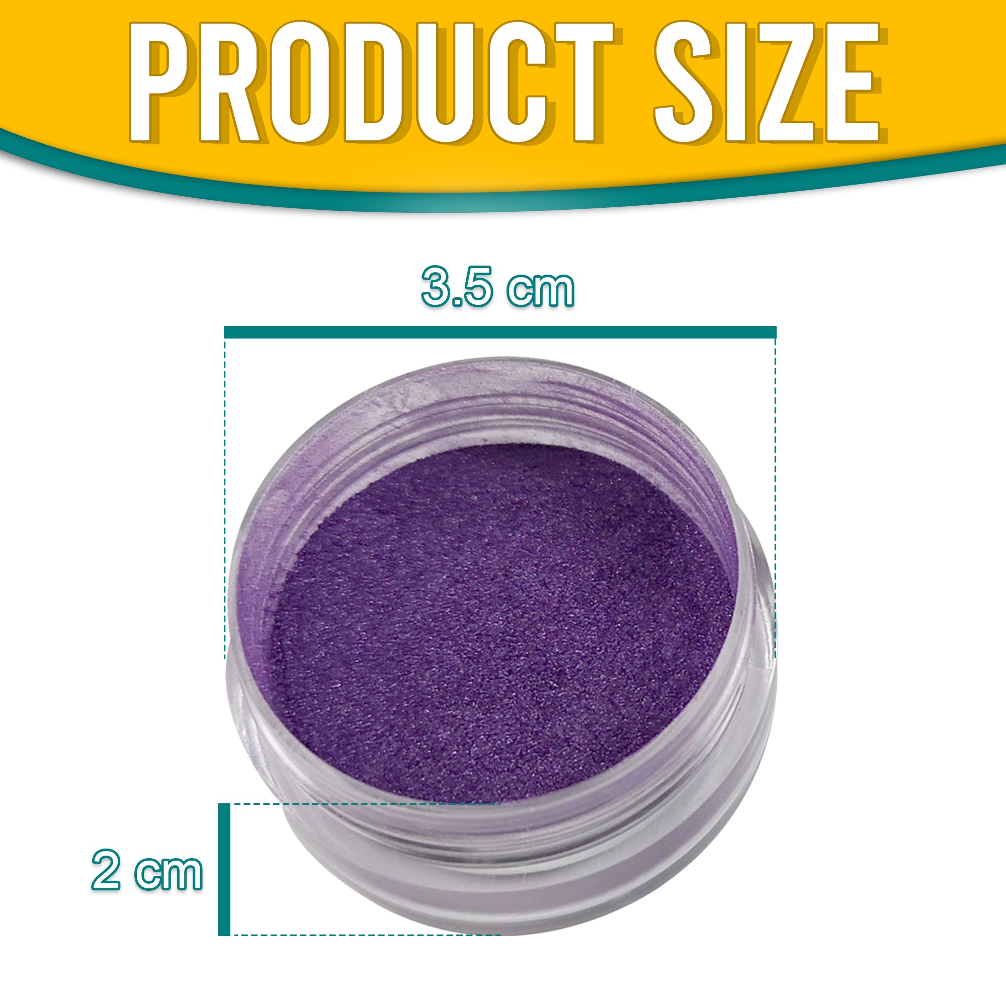 Product dimensions of Pretty Things London Purple Pearl pigment powder, showing the container's size: 3.5 cm in diameter and 2 cm in height, with vibrant gold pigment inside.