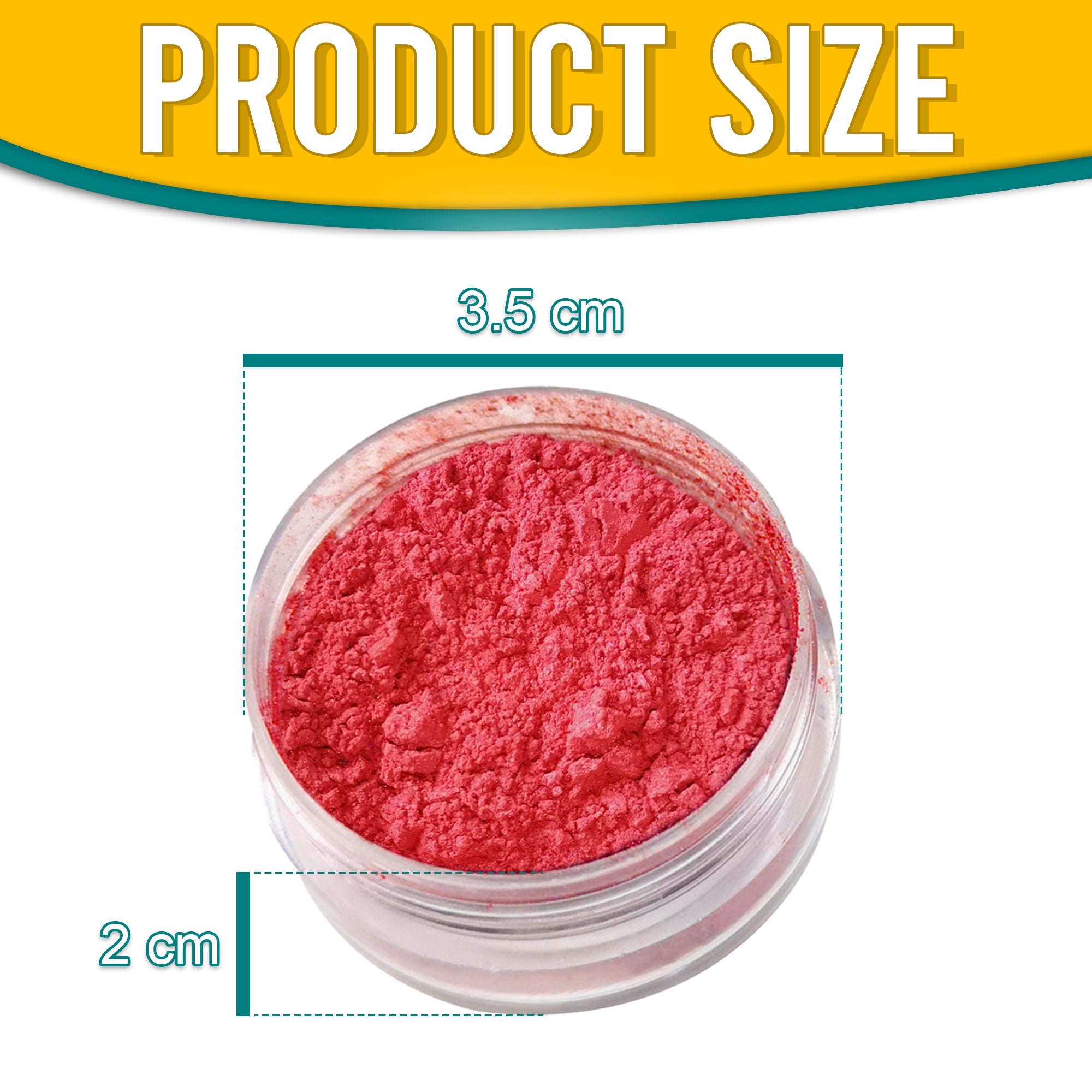 Product dimensions of Pretty Things London Red pigment powder, showing the container's size: 3.5 cm in diameter and 2 cm in height, with vibrant gold pigment inside.