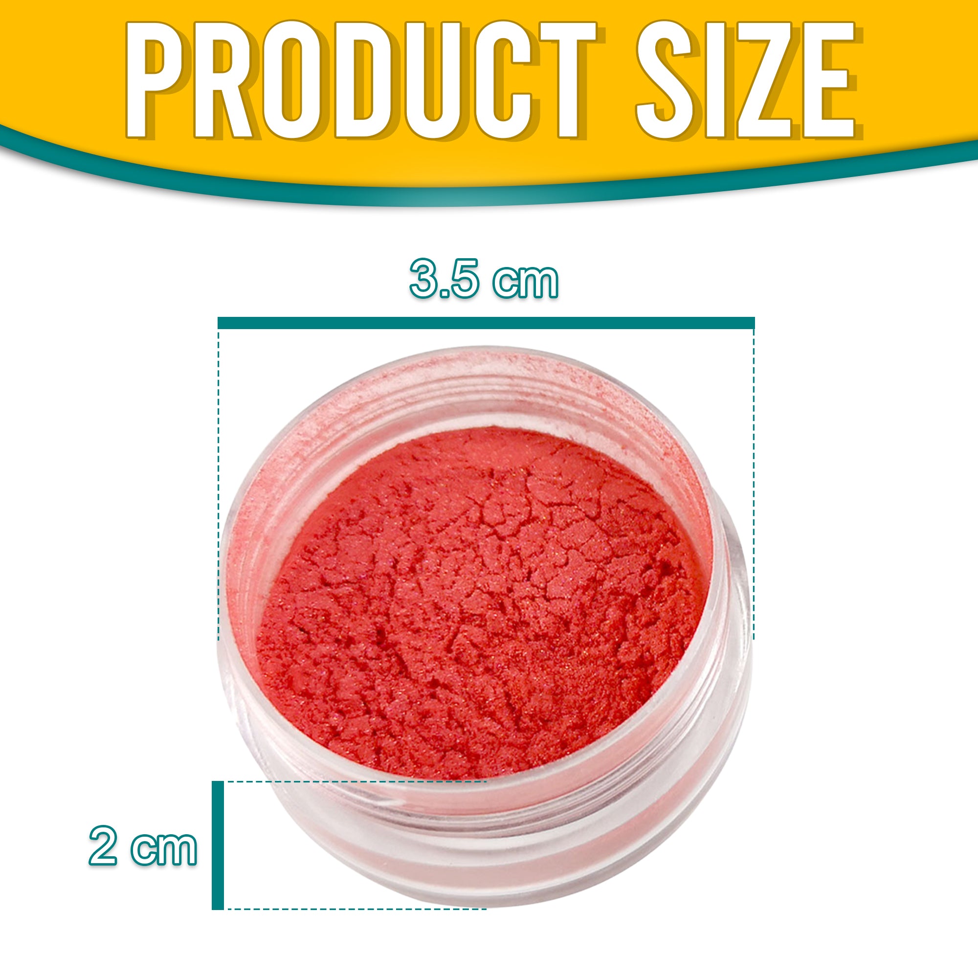 Product dimensions of Pretty Things London Rouge pigment powder, showing the container's size: 3.5 cm in diameter and 2 cm in height, with vibrant gold pigment inside.