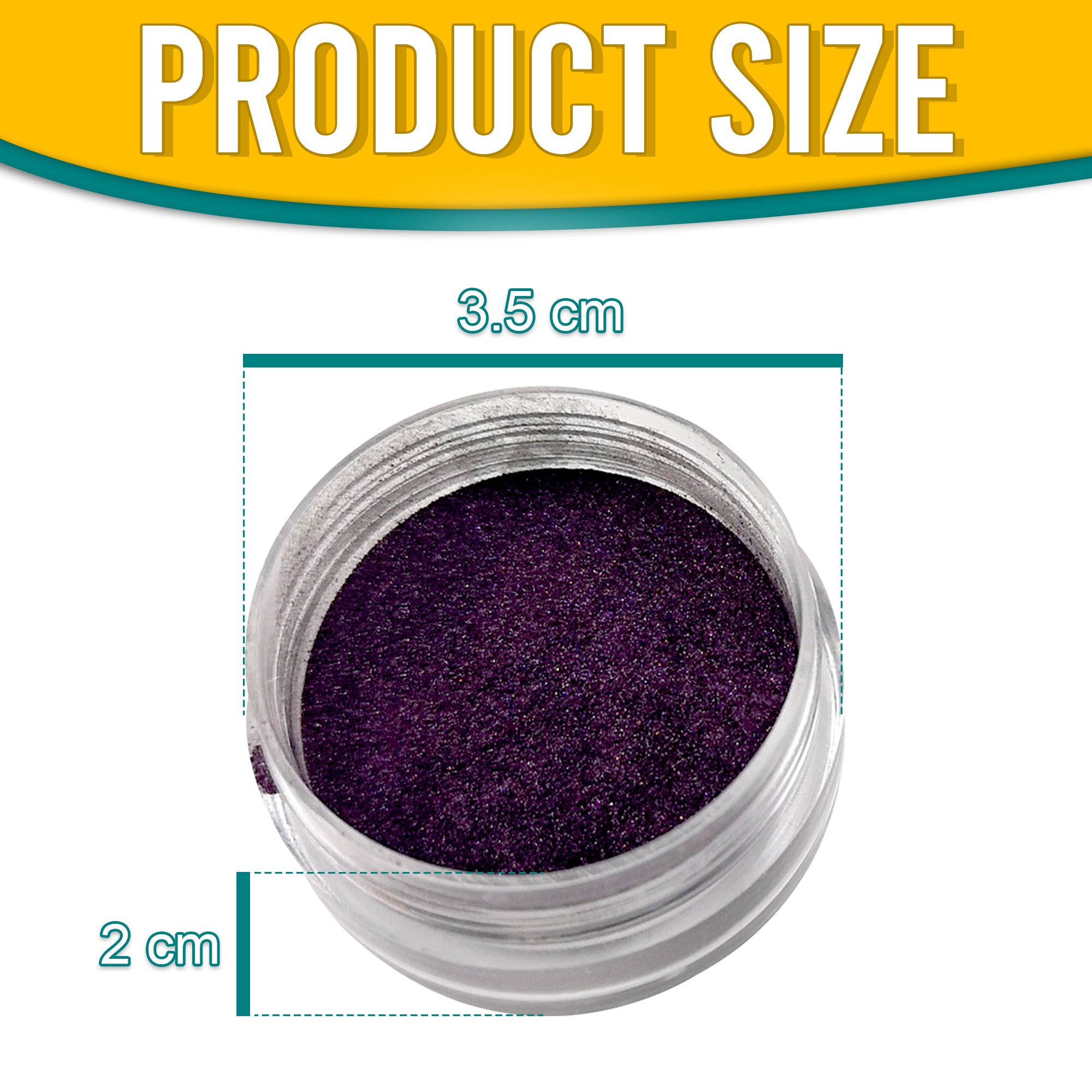 Product dimensions of Pretty Things London Shadow Purple pigment powder, showing the container's size: 3.5 cm in diameter and 2 cm in height, with vibrant gold pigment inside.