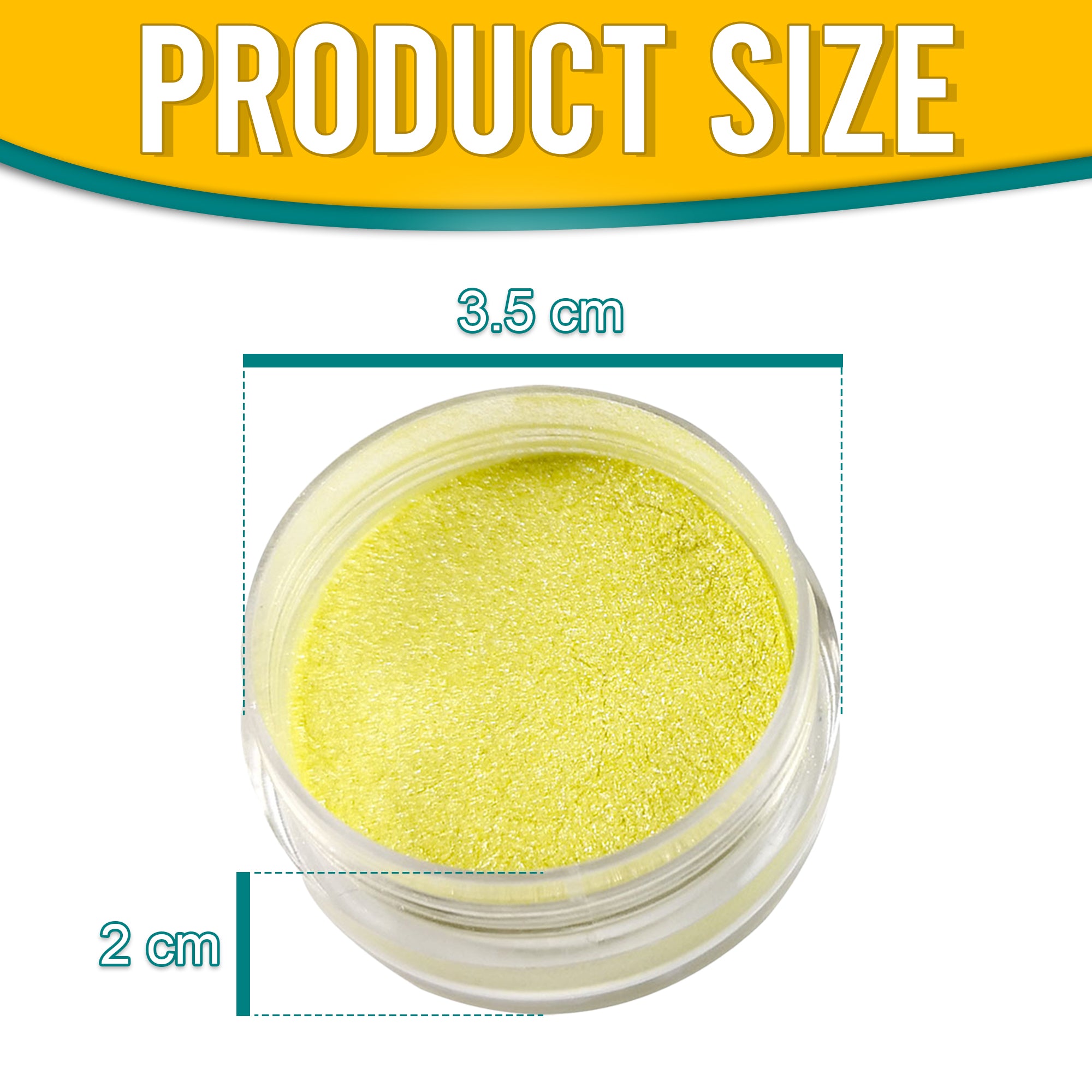 Product dimensions of Pretty Things London Shimmer Yellow pigment powder, showing the container's size: 3.5 cm in diameter and 2 cm in height, with vibrant gold pigment inside.