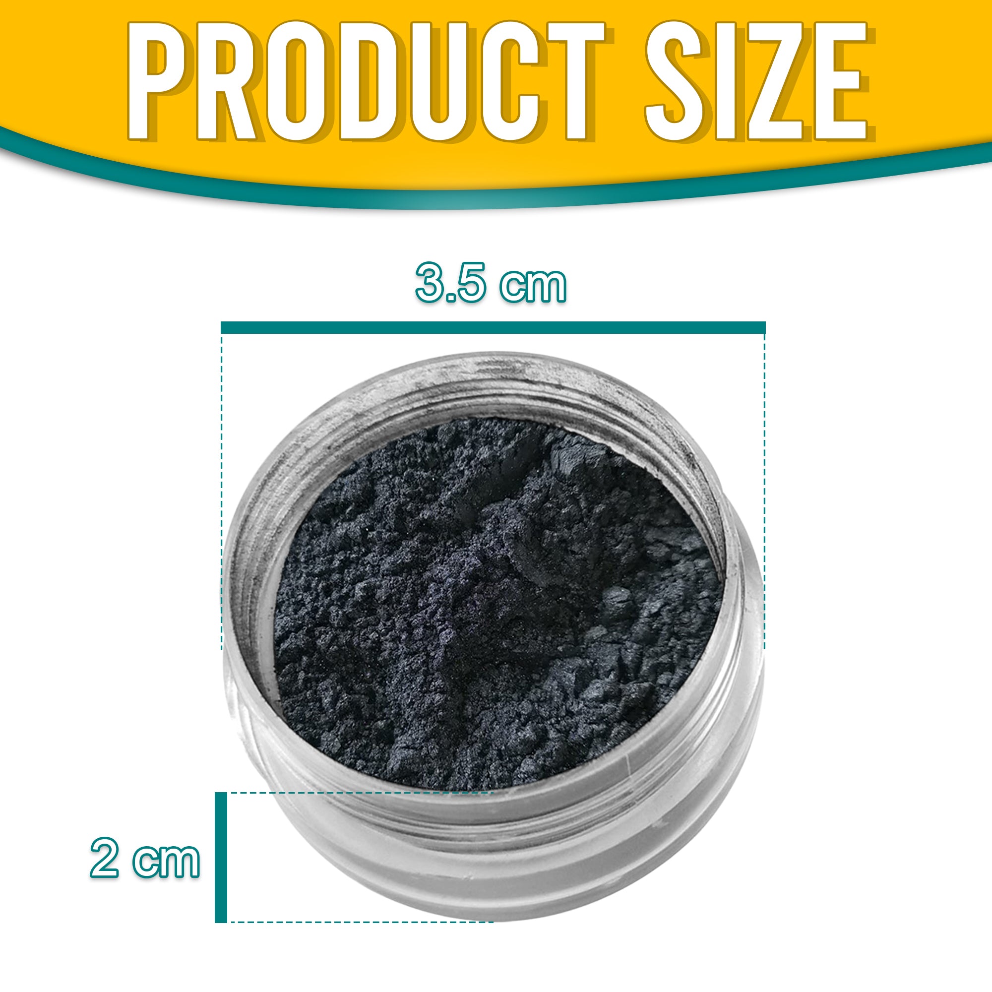 Product dimensions of Pretty Things London Silver Black pigment powder, showing the container's size: 3.5 cm in diameter and 2 cm in height, with vibrant gold pigment inside.