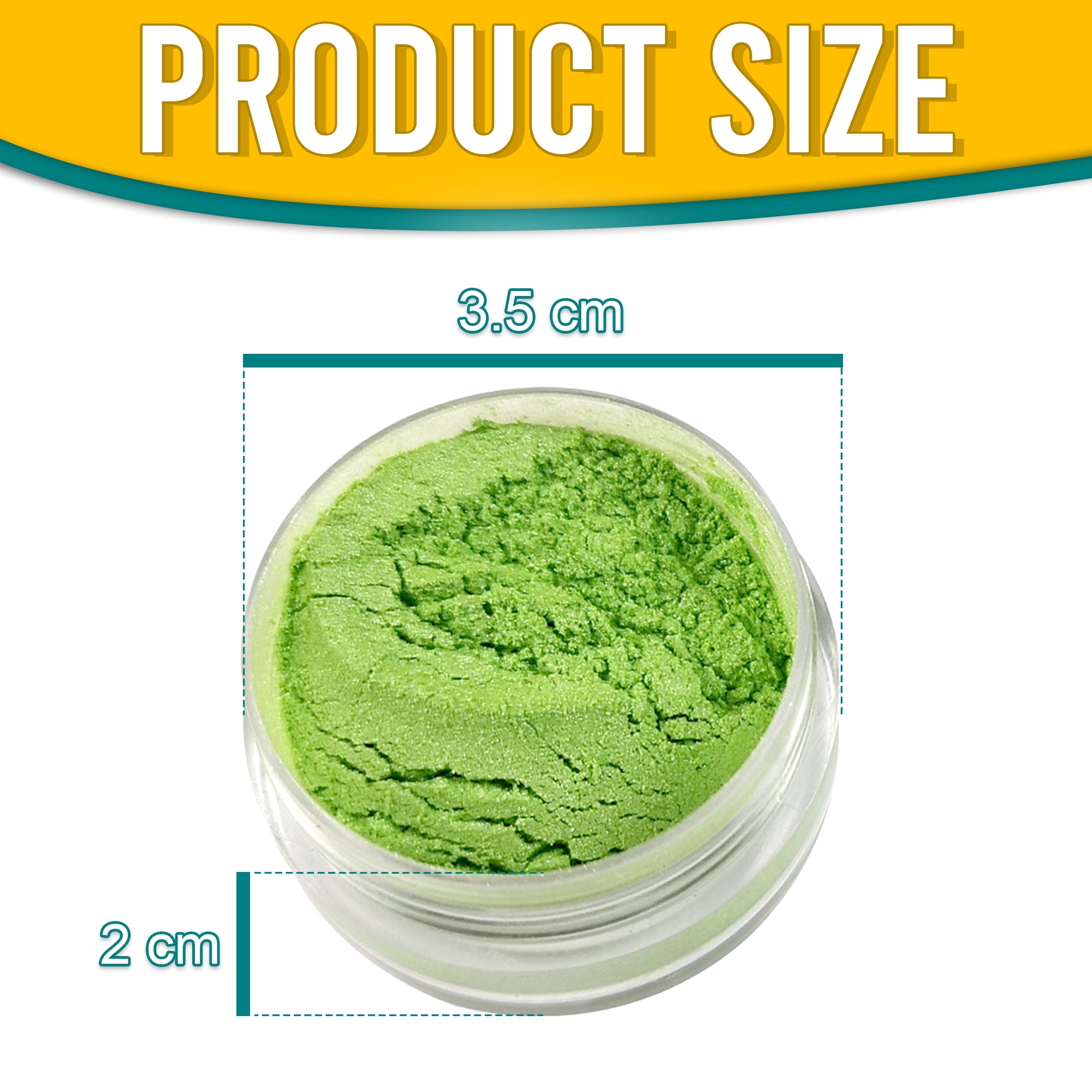 Product dimensions of Pretty Things London Spring Green pigment powder, showing the container's size: 3.5 cm in diameter and 2 cm in height, with vibrant gold pigment inside.