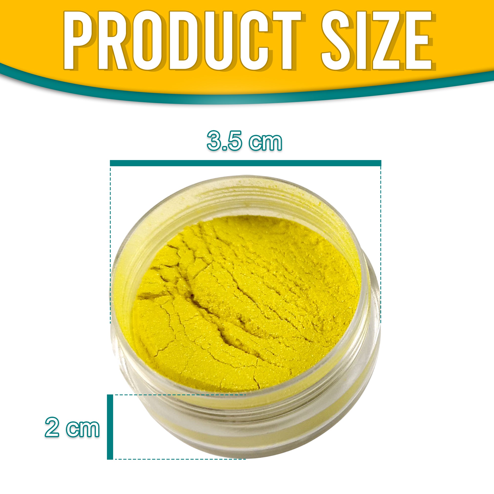 Product dimensions of Pretty Things London Sunflower Yellow pigment powder, showing the container's size: 3.5 cm in diameter and 2 cm in height, with vibrant gold pigment inside.