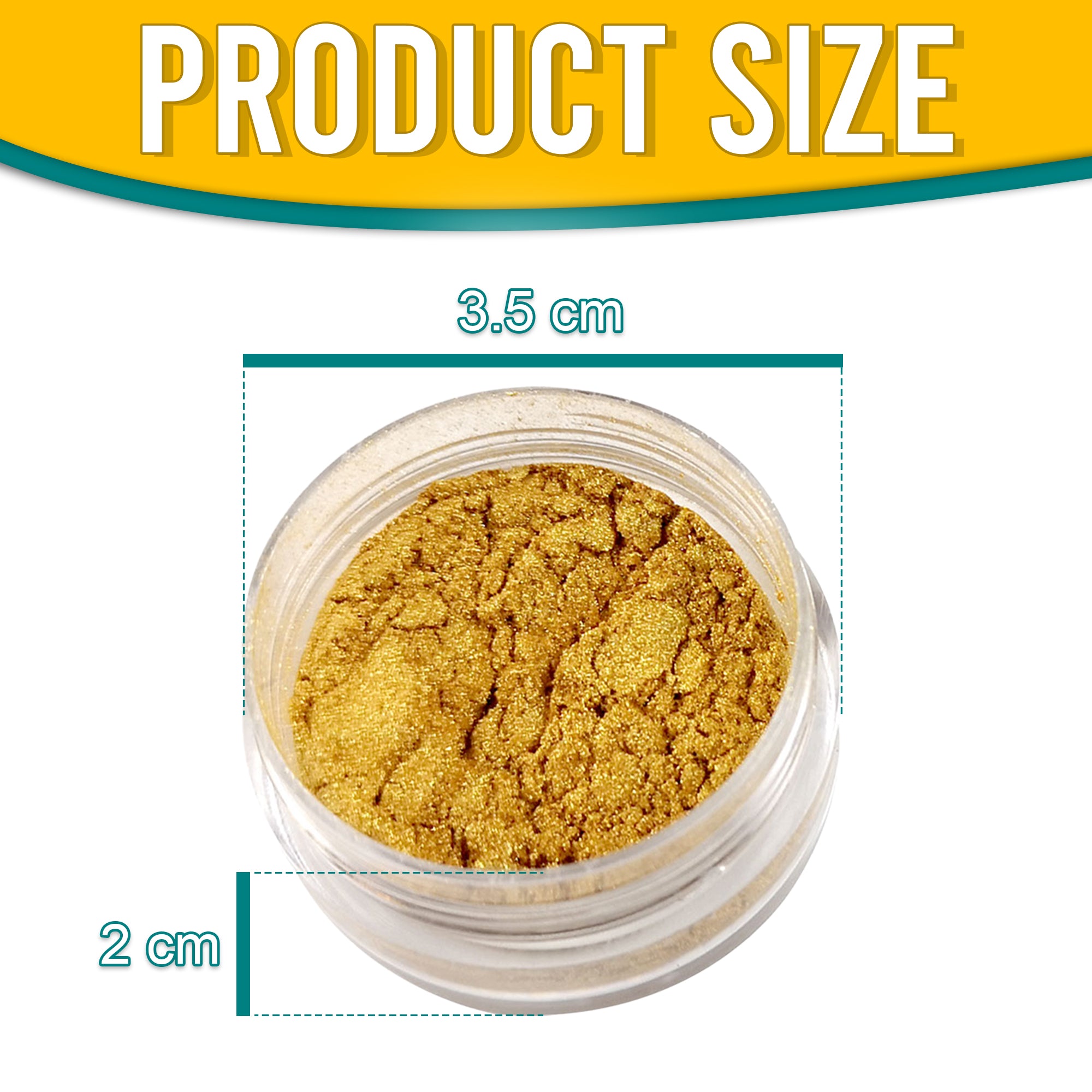 Product dimensions of Pretty Things London Sunny Gold pigment powder, showing the container's size: 3.5 cm in diameter and 2 cm in height, with vibrant gold pigment inside.