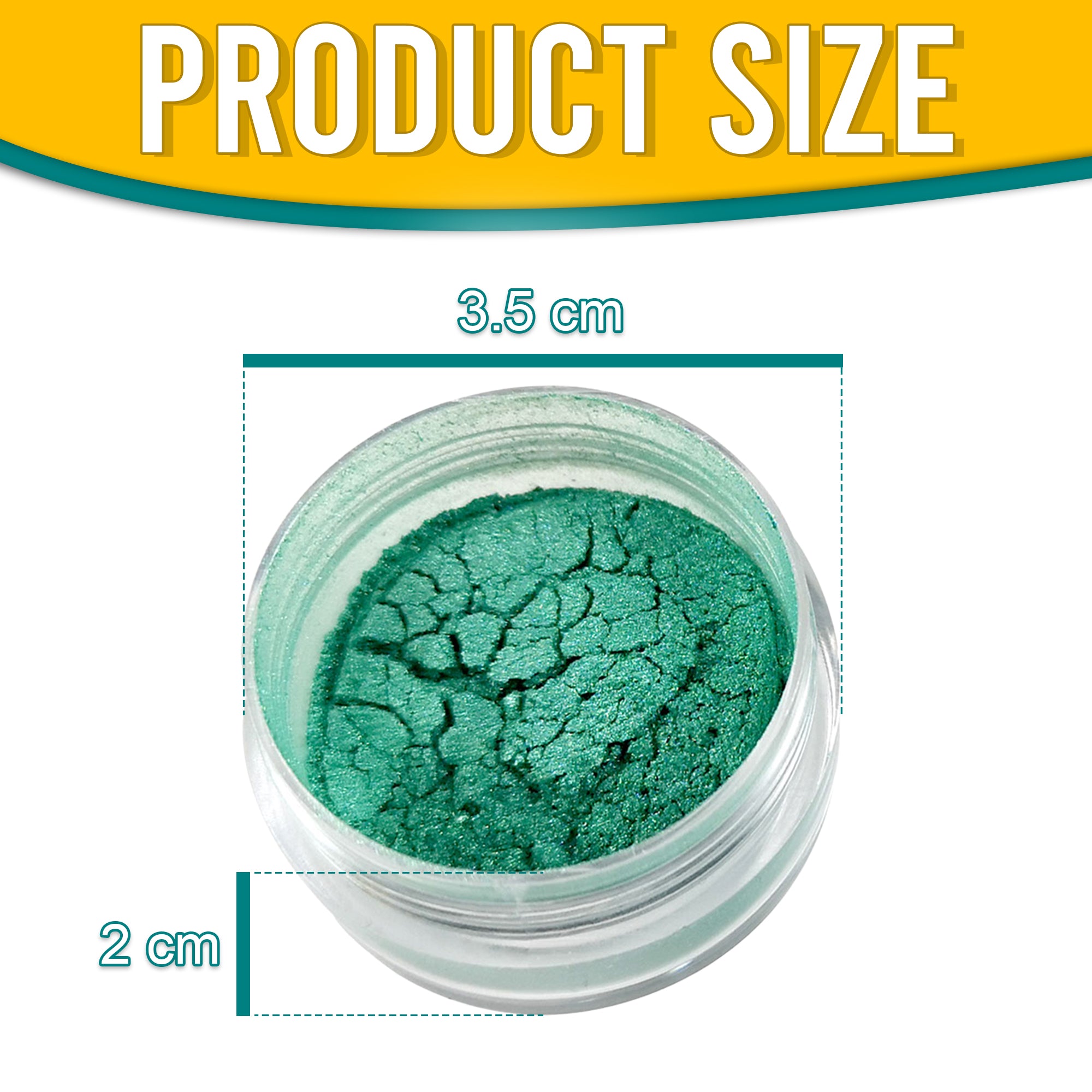 Product dimensions of Pretty Things London Teal pigment powder, showing the container's size: 3.5 cm in diameter and 2 cm in height, with vibrant gold pigment inside.