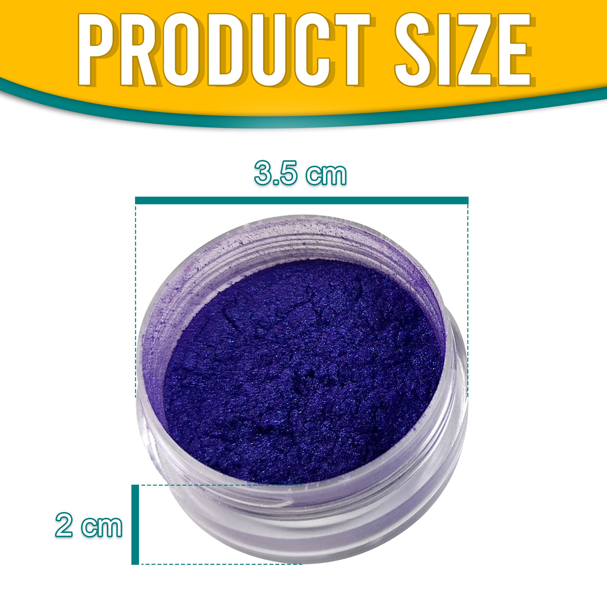 Product dimensions of Pretty Things London Vinlaceous pigment powder, showing the container's size: 3.5 cm in diameter and 2 cm in height, with vibrant gold pigment inside.