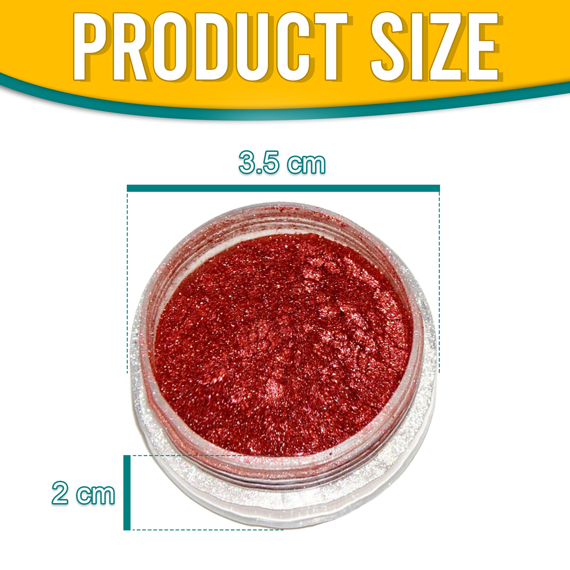 Product dimensions of Pretty Things London Wine Red Satin pigment powder, showing the container's size: 3.5 cm in diameter and 2 cm in height, with vibrant gold pigment inside.