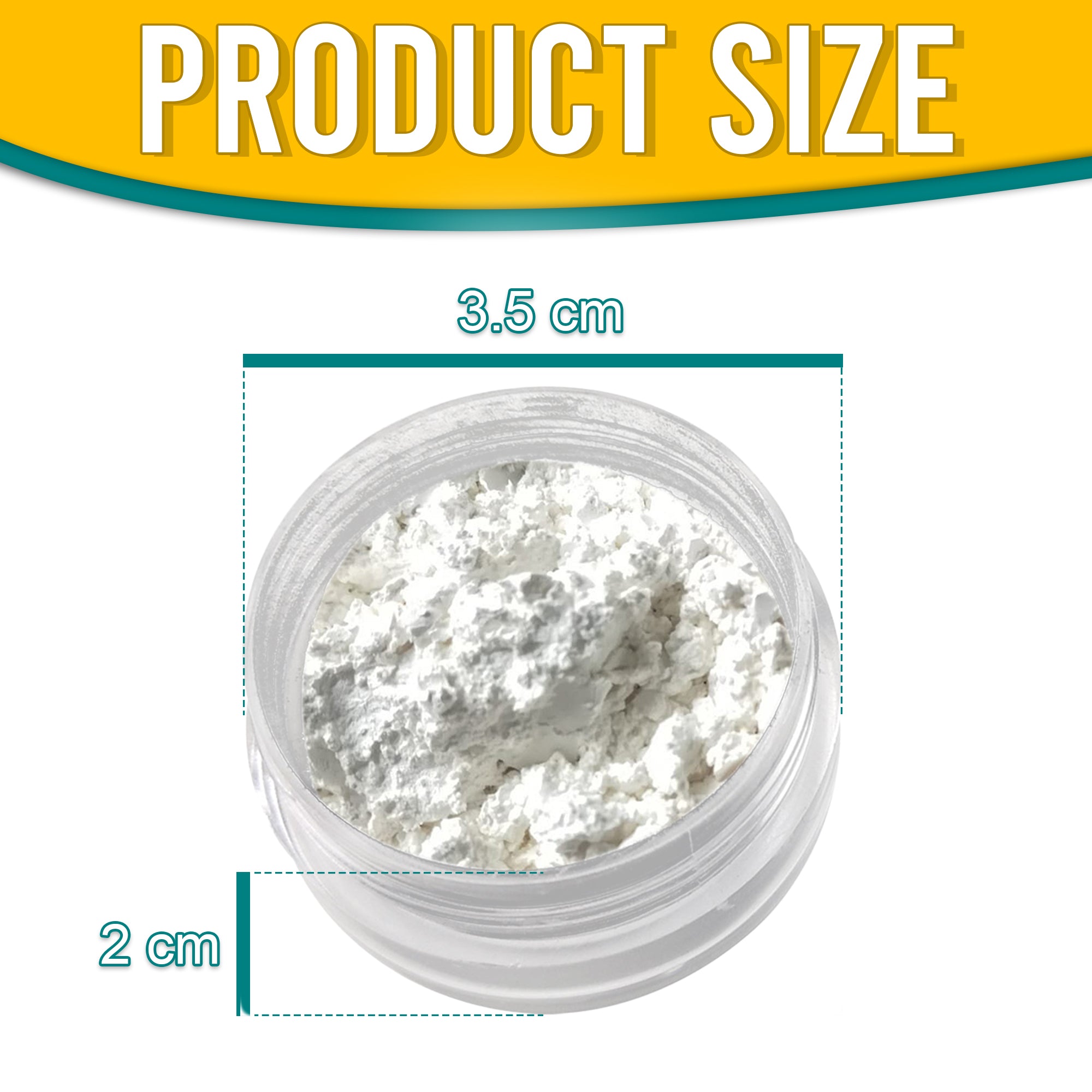 Product dimensions of Pretty Things London Xtreme Glossy White pigment powder, showing the container's size: 3.5 cm in diameter and 2 cm in height, with vibrant gold pigment inside.