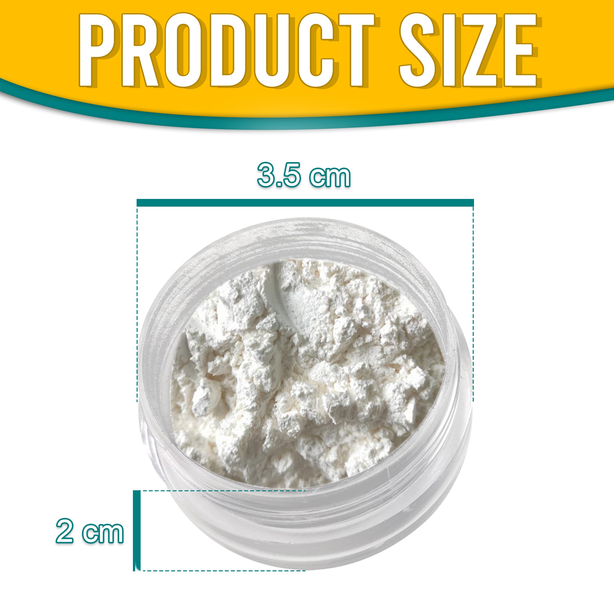 Product dimensions of Pretty Things London Xtreme Luster White pigment powder, showing the container's size: 3.5 cm in diameter and 2 cm in height, with vibrant gold pigment inside.