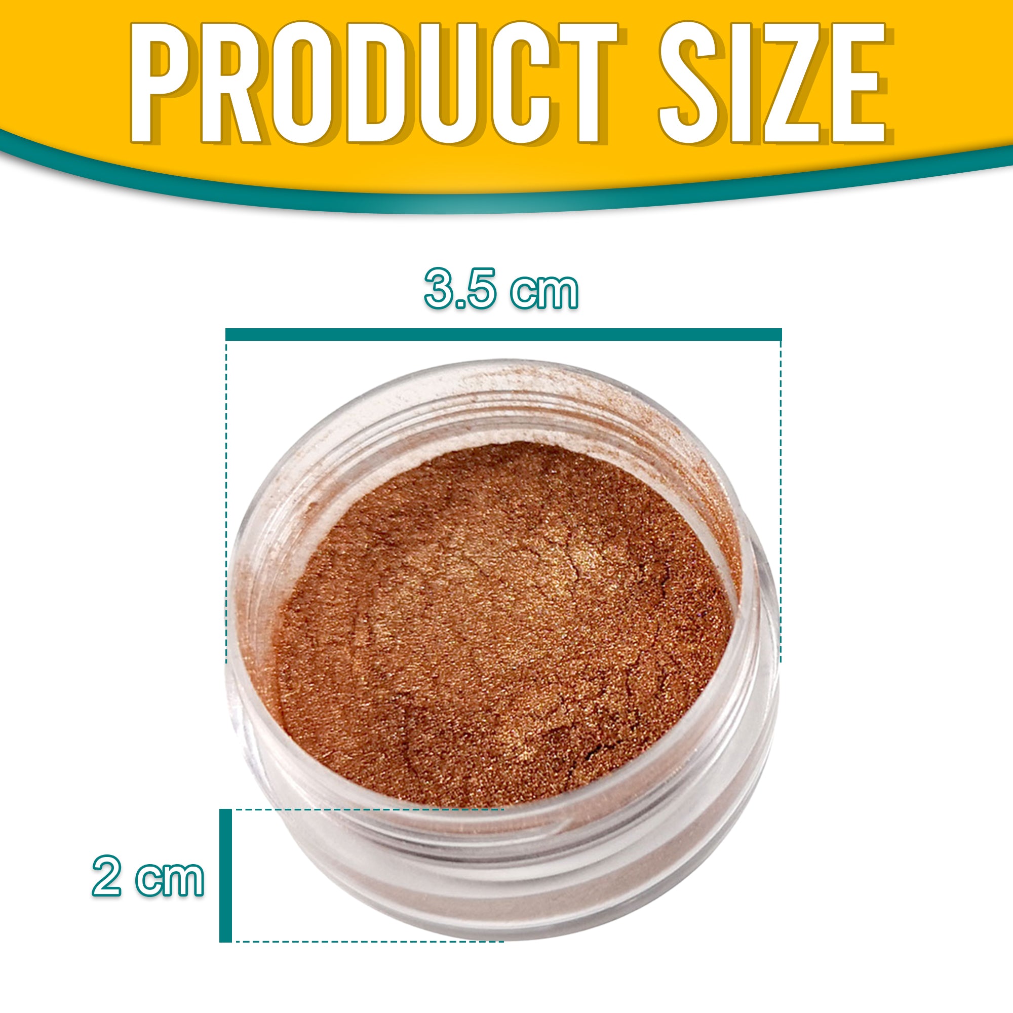 Product dimensions of Pretty Things London Bronze pigment powder, showing the container's size: 3.5 cm in diameter and 2 cm in height, with vibrant gold pigment inside.