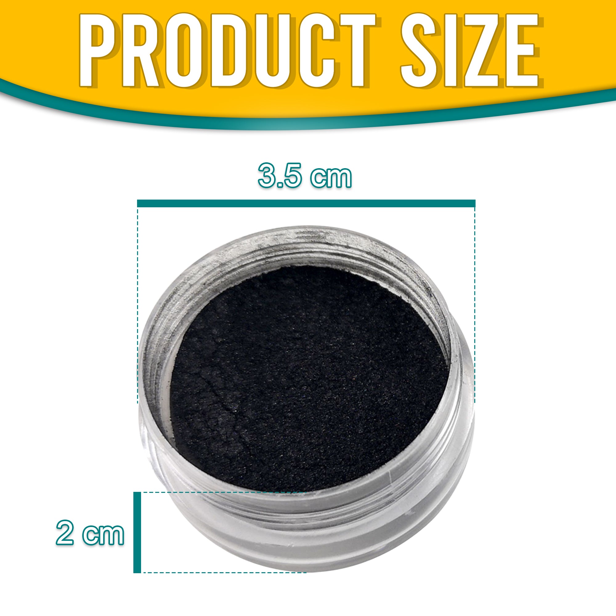 Product dimensions of Pretty Things London Charcoal pigment powder, showing the container's size: 3.5 cm in diameter and 2 cm in height, with vibrant gold pigment inside.