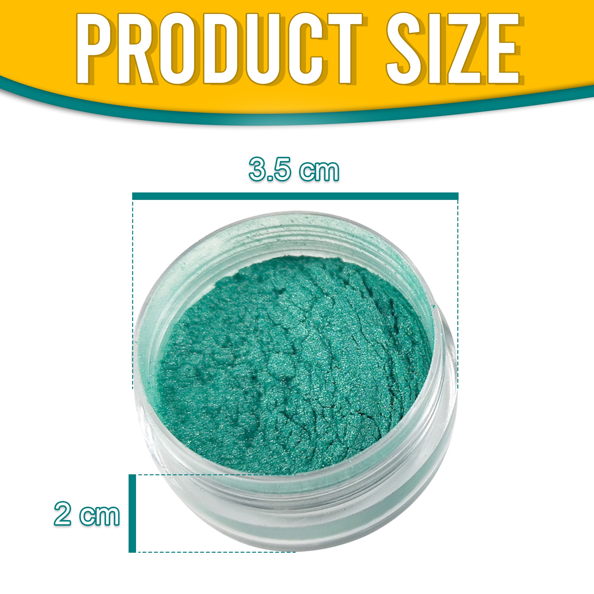 Product dimensions of Pretty Things London Lush Green pigment powder, showing the container's size: 3.5 cm in diameter and 2 cm in height, with vibrant gold pigment inside.