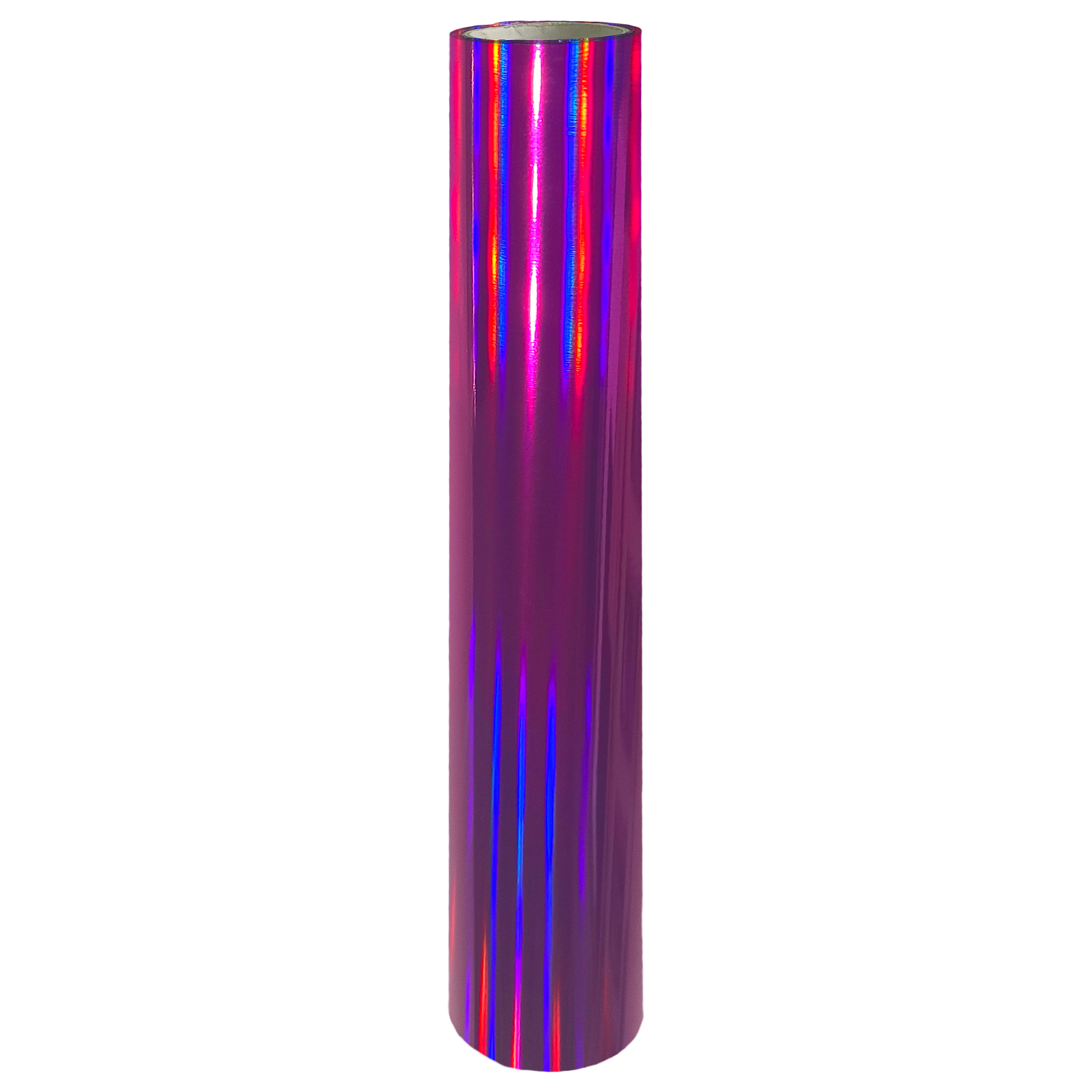 Holographic fuchsia toner foil roll, 21 cm × 10 m, iridescent pink finish.