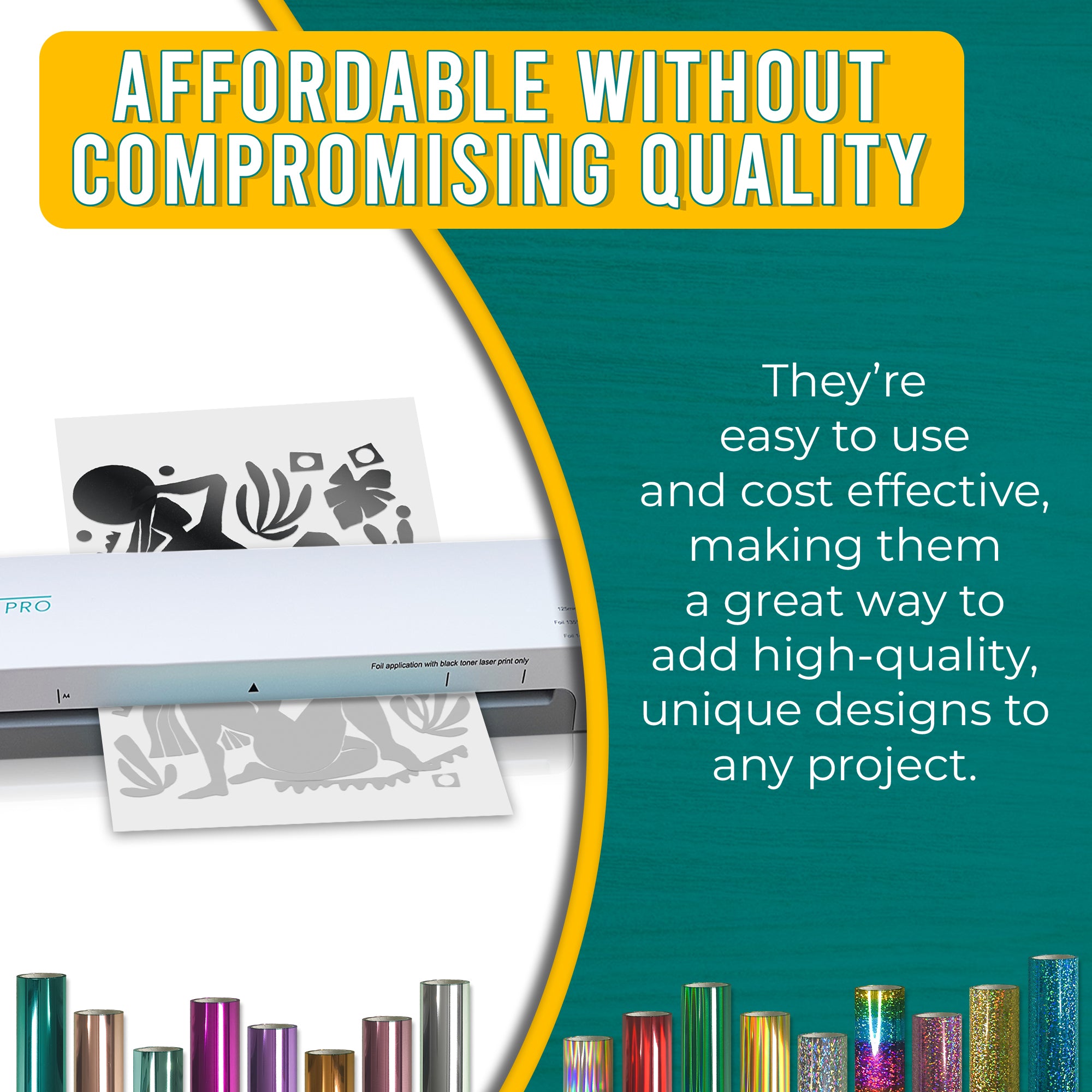 Affordable, high-quality black toner reactive foil used with a foil machine. Clean, professional foiled designs for paper crafts