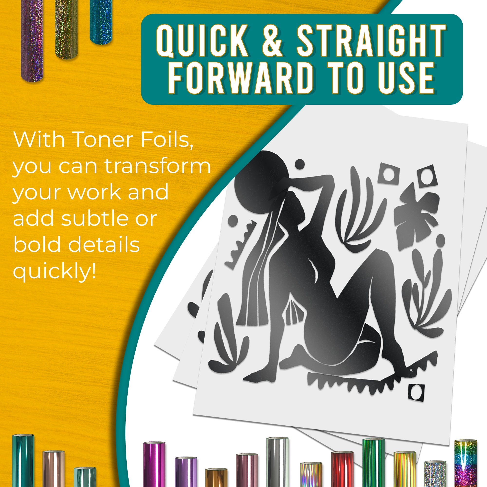 Black Gloss toner foil example print, smooth, bold coverage on silhouette artwork; quick, straightforward foiling results