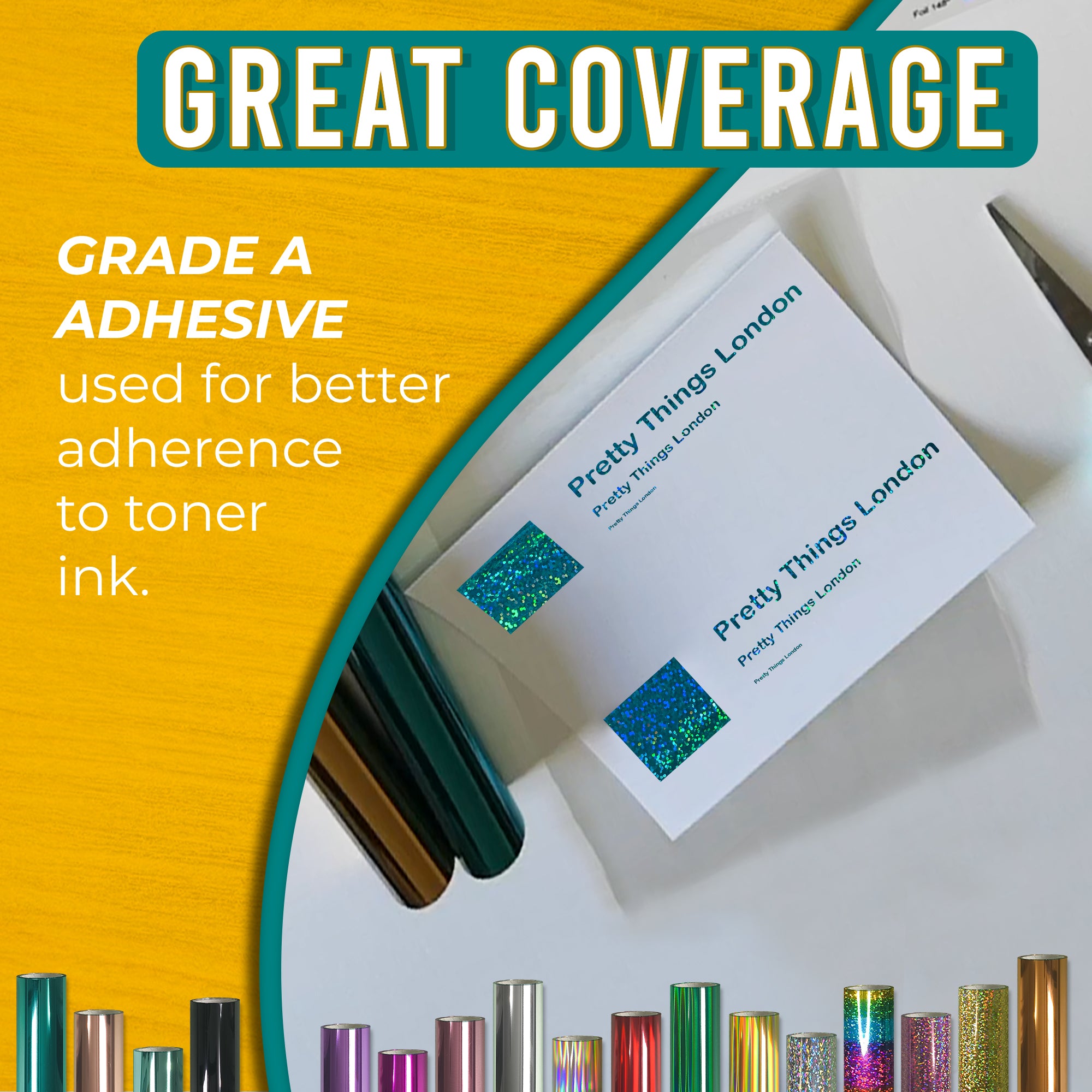 Grade-A adhesive Glitter Blue toner foil showing crisp, solid coverage on business cards—reliable transfer to toner ink