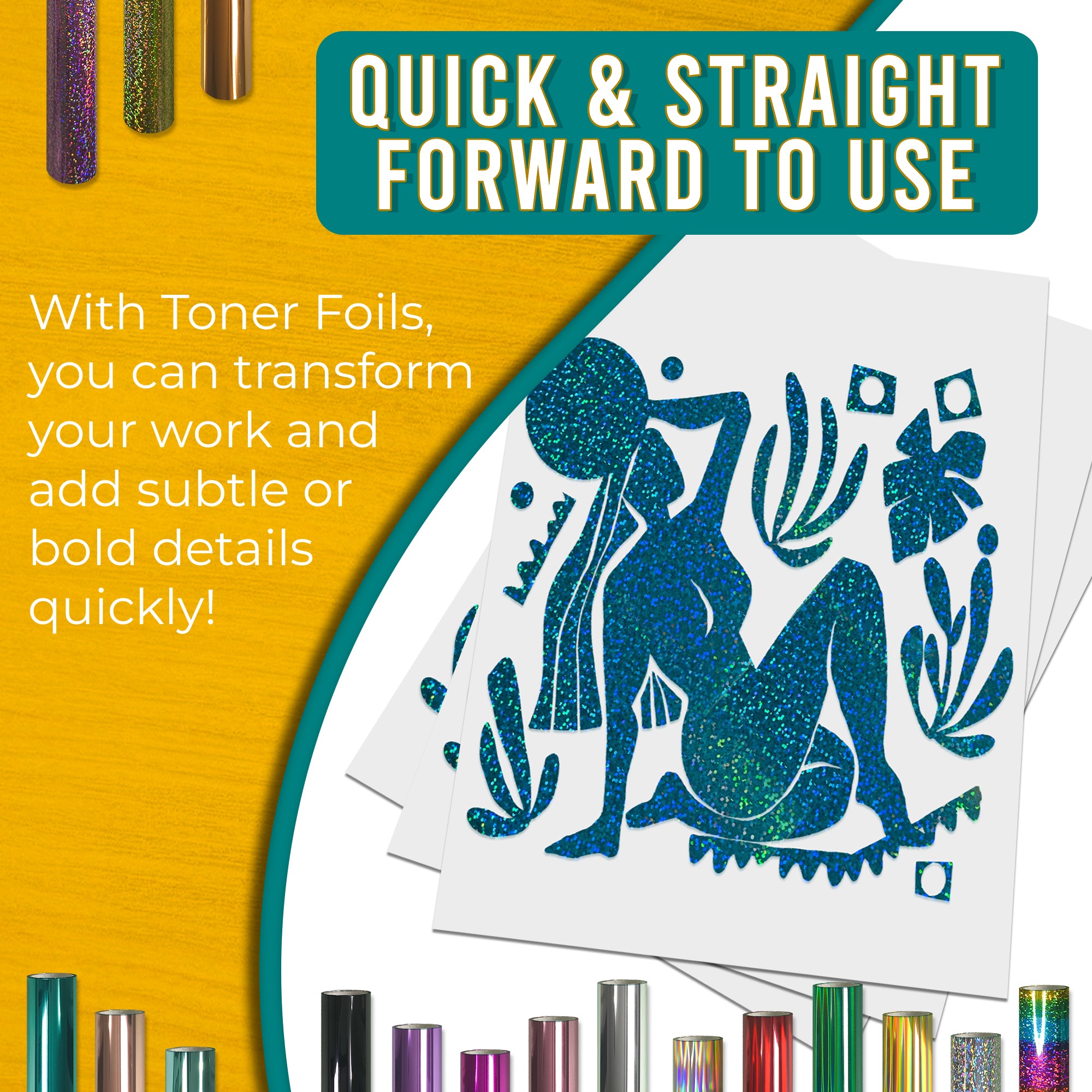 Glitter Blue toner foil example print, smooth, bold coverage on silhouette artwork; quick, straightforward foiling results