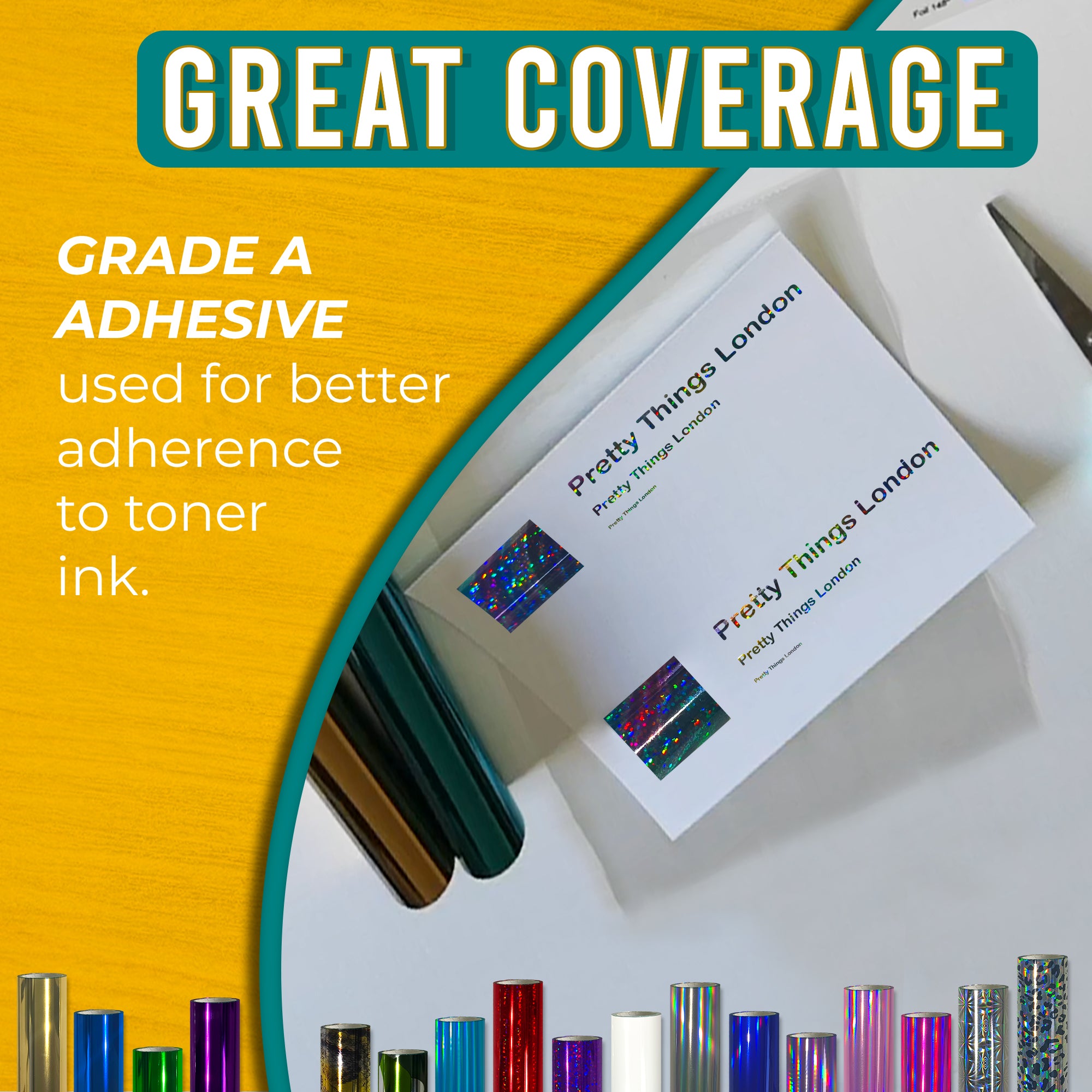 Grade-A adhesive Glitter Cosmic toner foil showing crisp, solid coverage on business cards—reliable transfer to toner ink