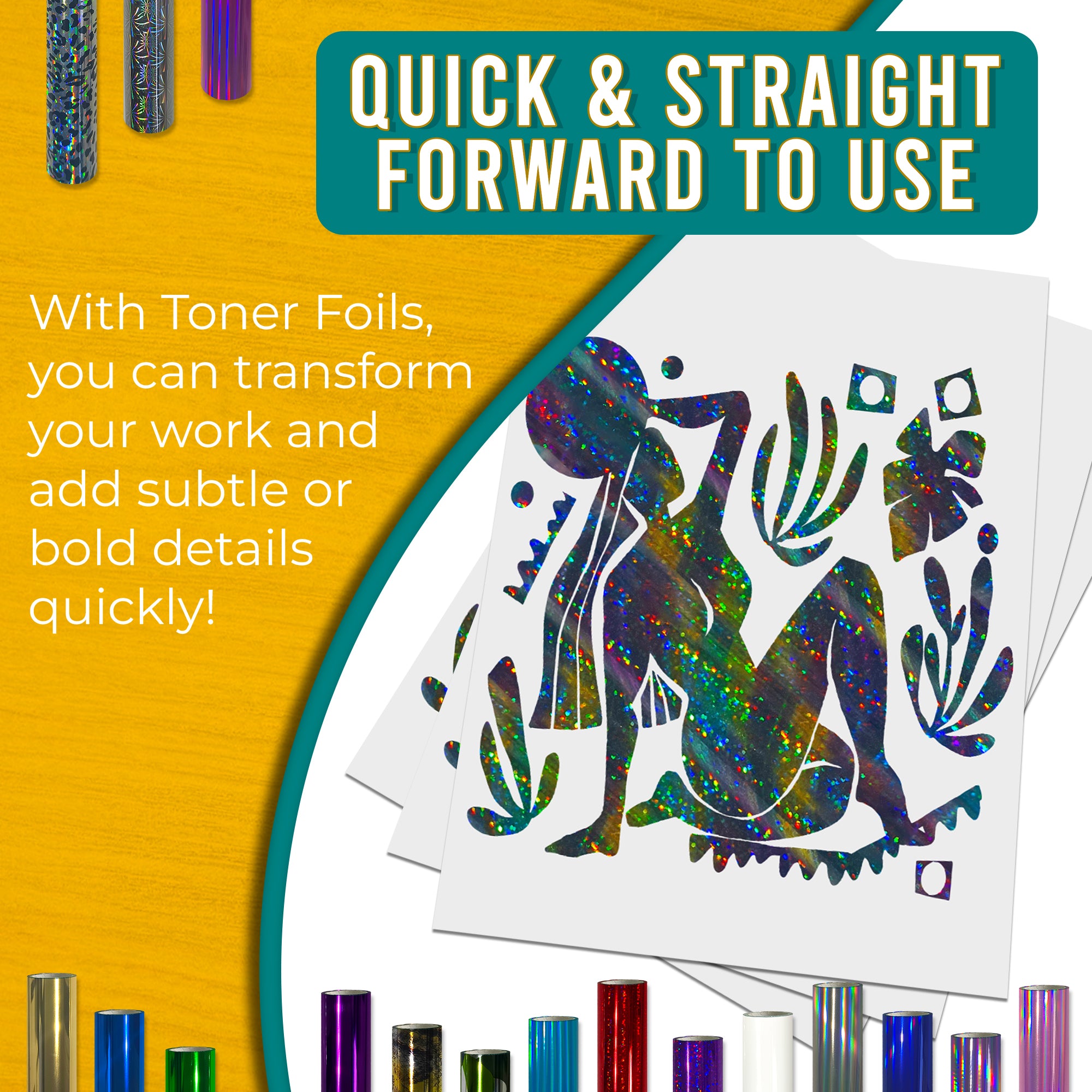 Glitter Cosmic toner foil example print, smooth, bold coverage on silhouette artwork; quick, straightforward foiling results