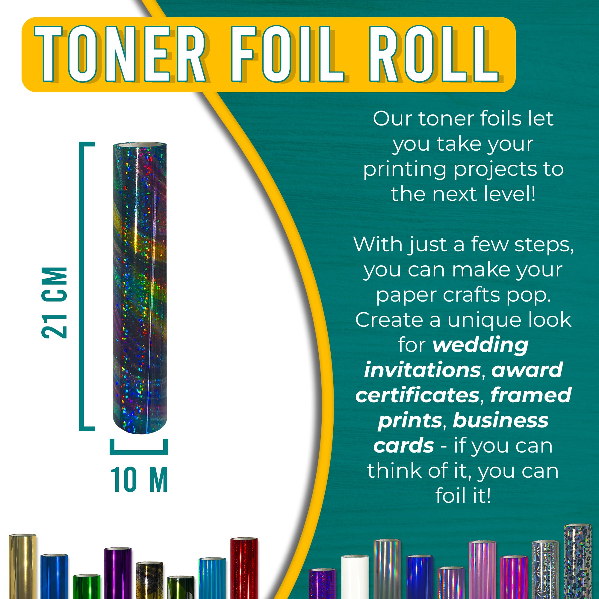 Glitter Cosmic toner foil 21 cm × 10 m for wedding invitations, certificates, framed prints & business cards—laser-toner reactive.