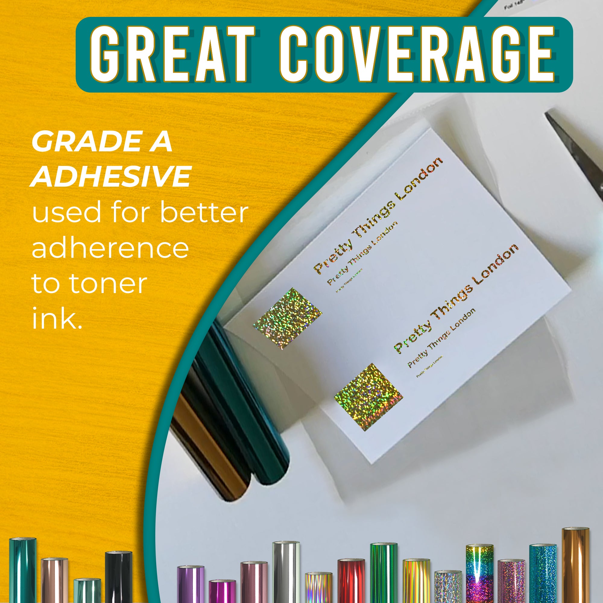 Grade-A adhesive Glitter Gold toner foil showing crisp, solid coverage on business cards—reliable transfer to toner ink