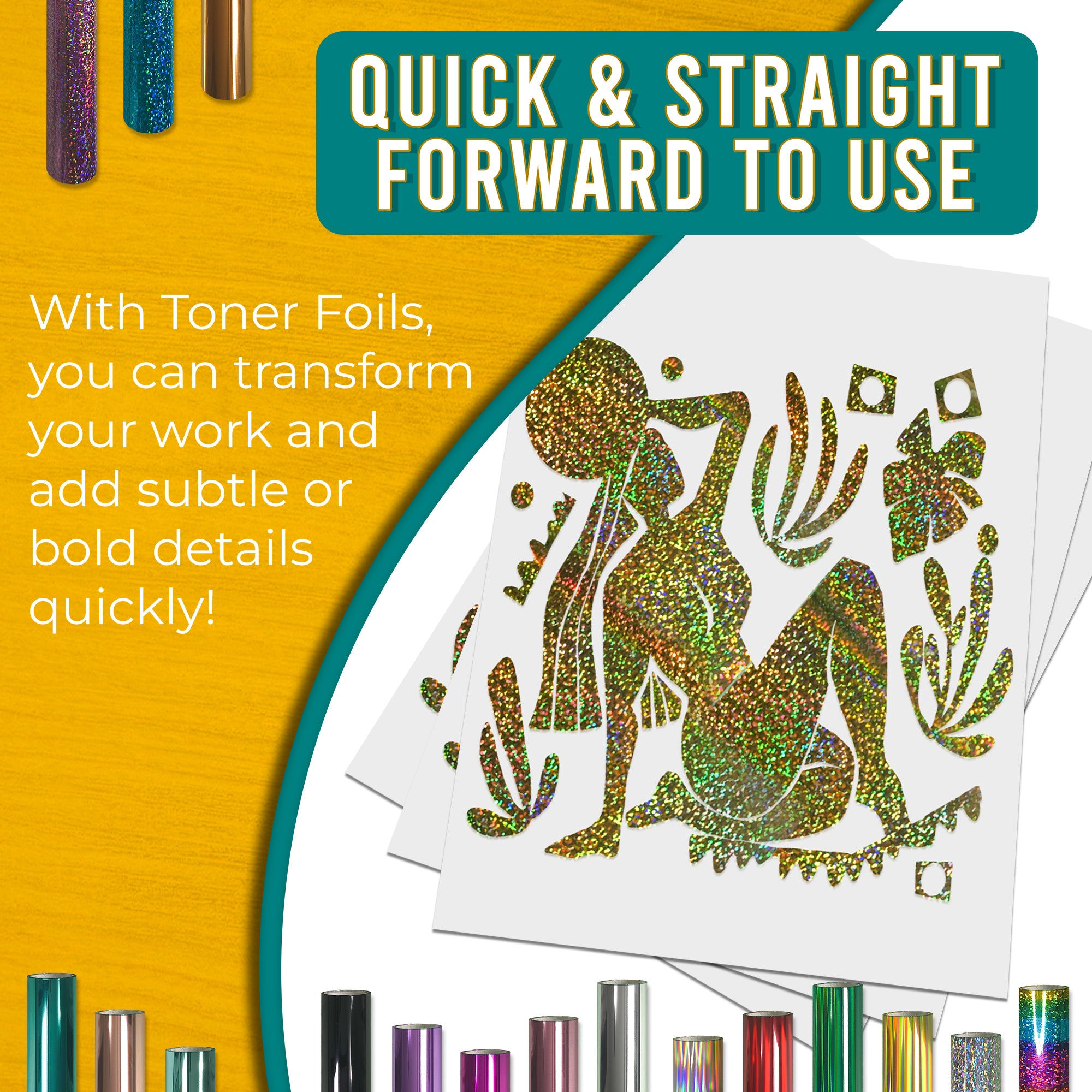 Glitter Gold toner foil example print, smooth, bold coverage on silhouette artwork; quick, straightforward foiling results