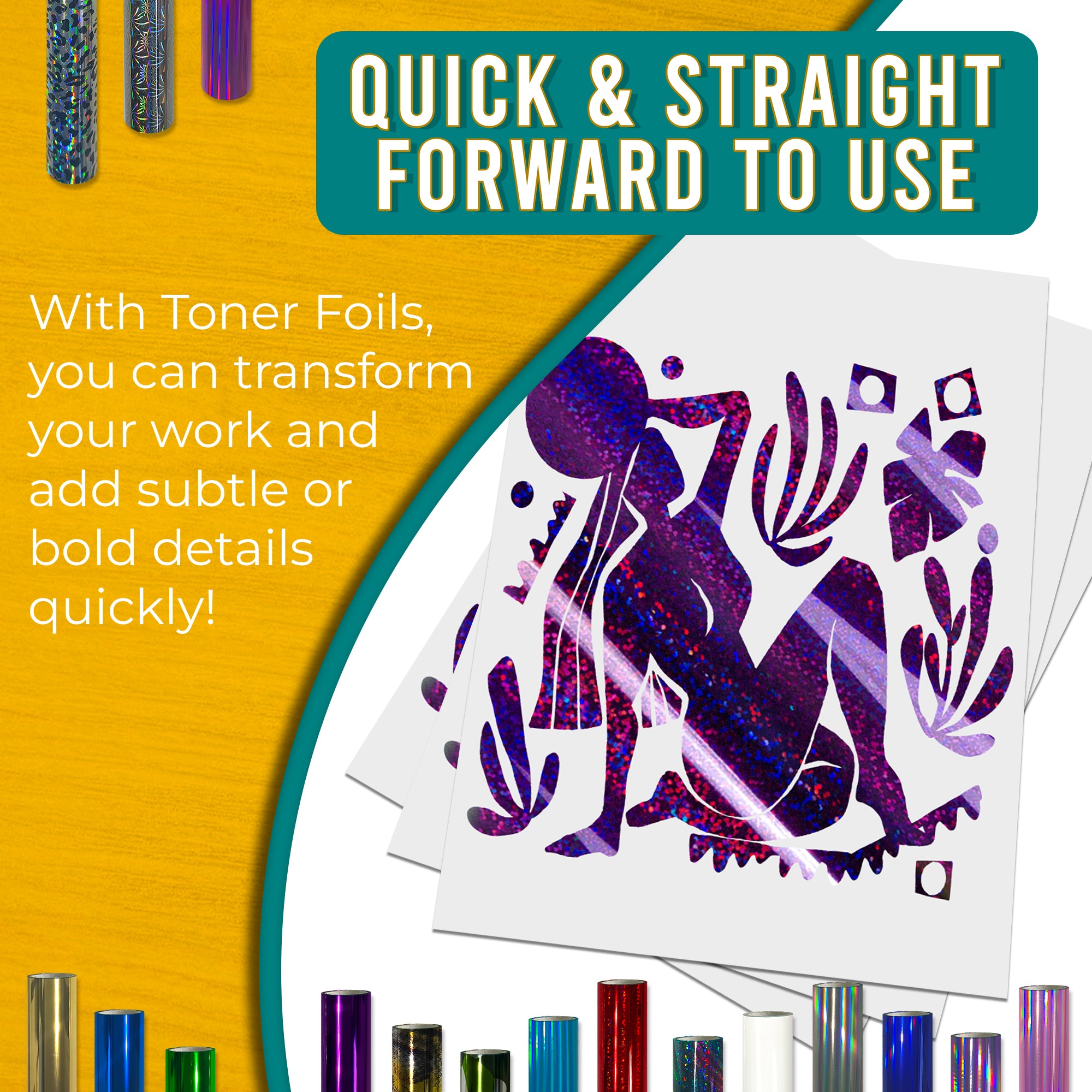 Glitter Purple toner foil example print, smooth, bold coverage on silhouette artwork; quick, straightforward foiling results