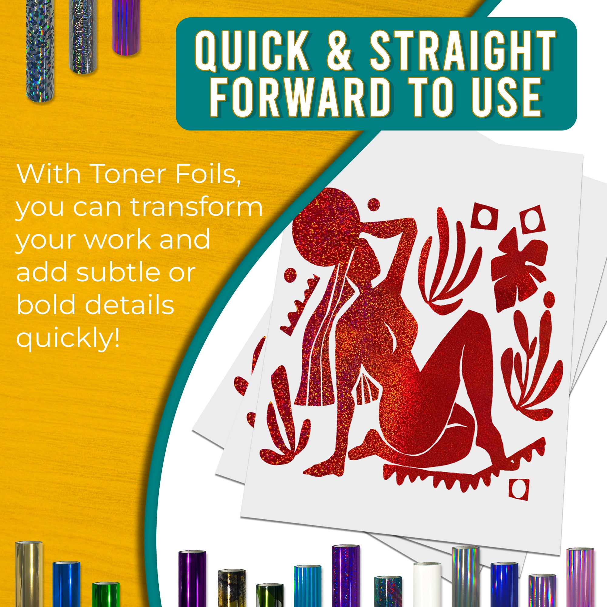 Glitter Red toner foil example print, smooth, bold coverage on silhouette artwork; quick, straightforward foiling results